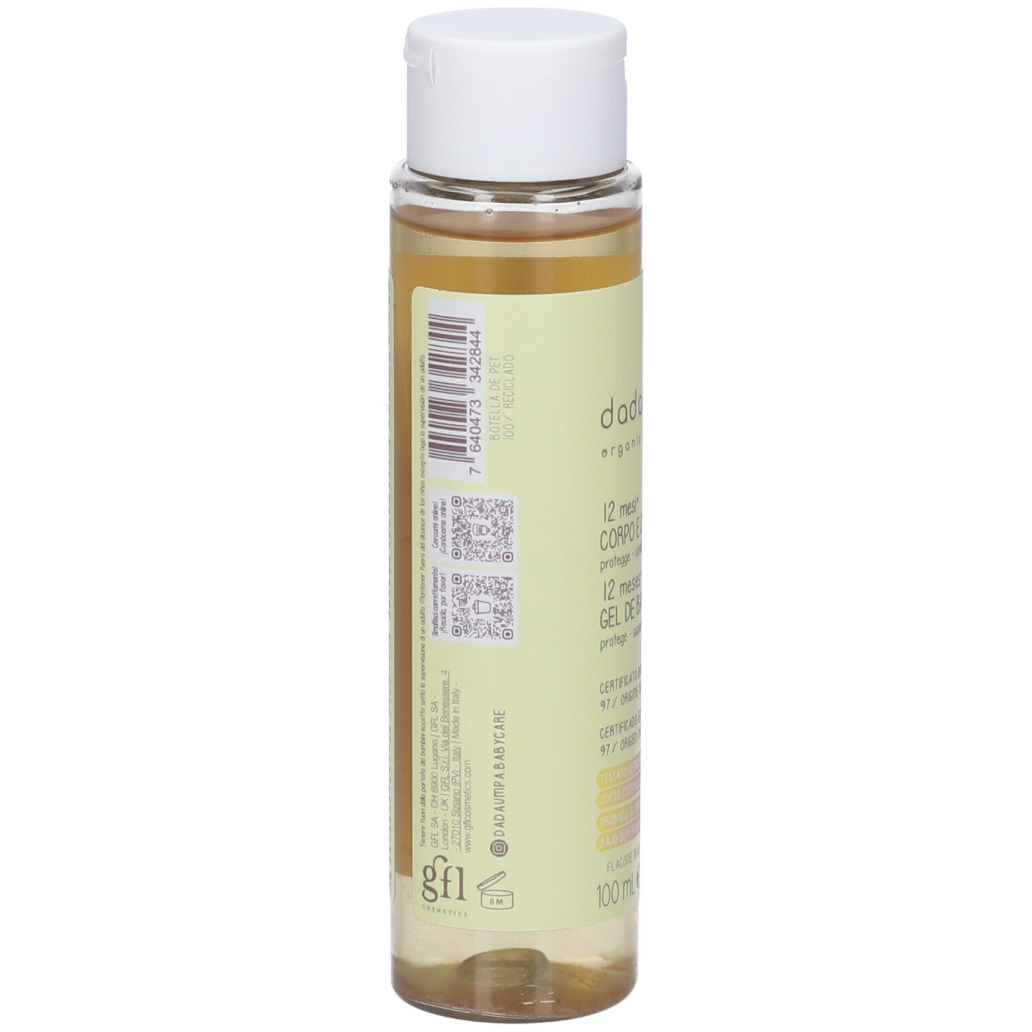 Retro del flacone. Stampe: codice a barre, informazioni sul prodotto, dettagli del produttore.