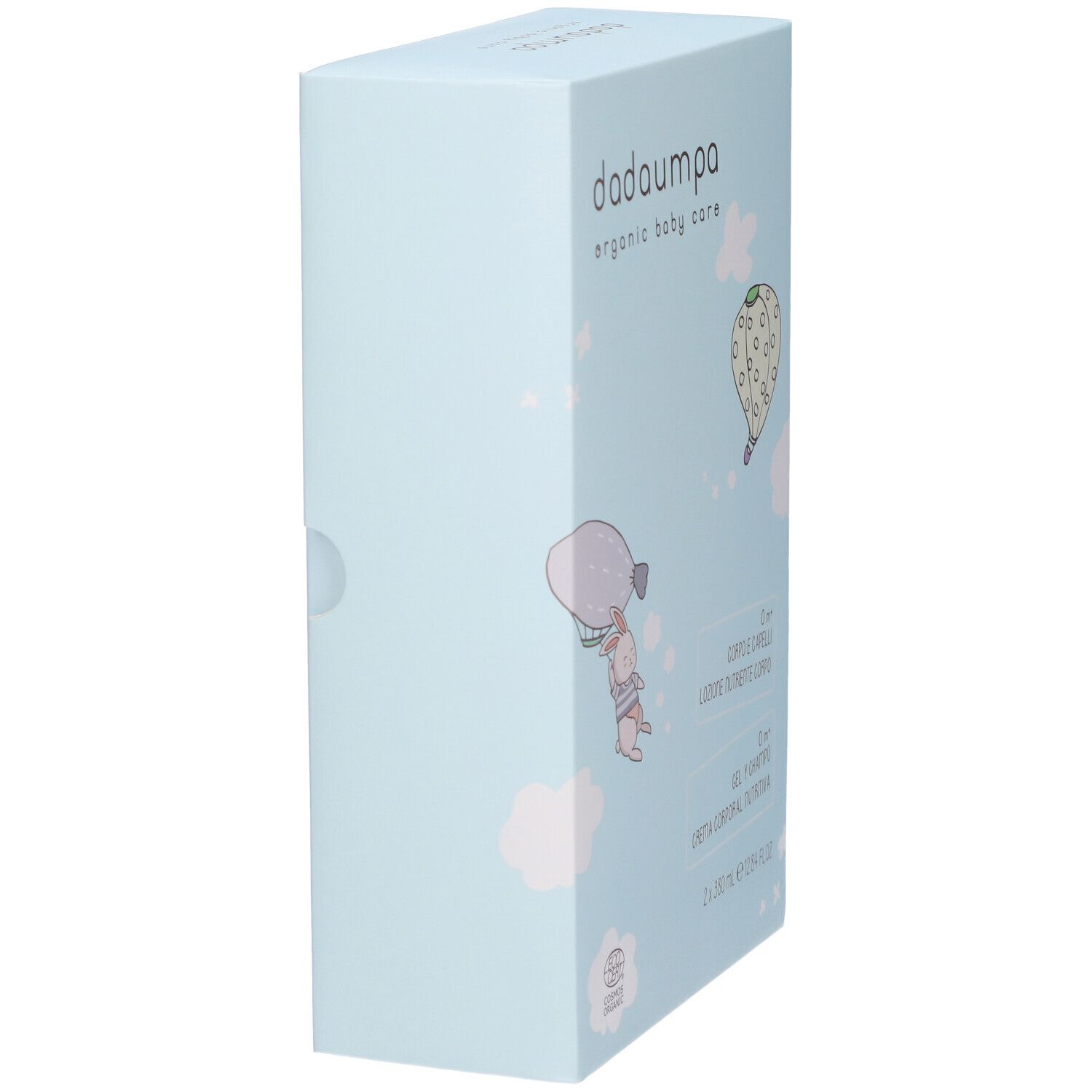 Confezione azzurra, vista laterale. Nome del prodotto e illustrazioni. Contiene testo in italiano.