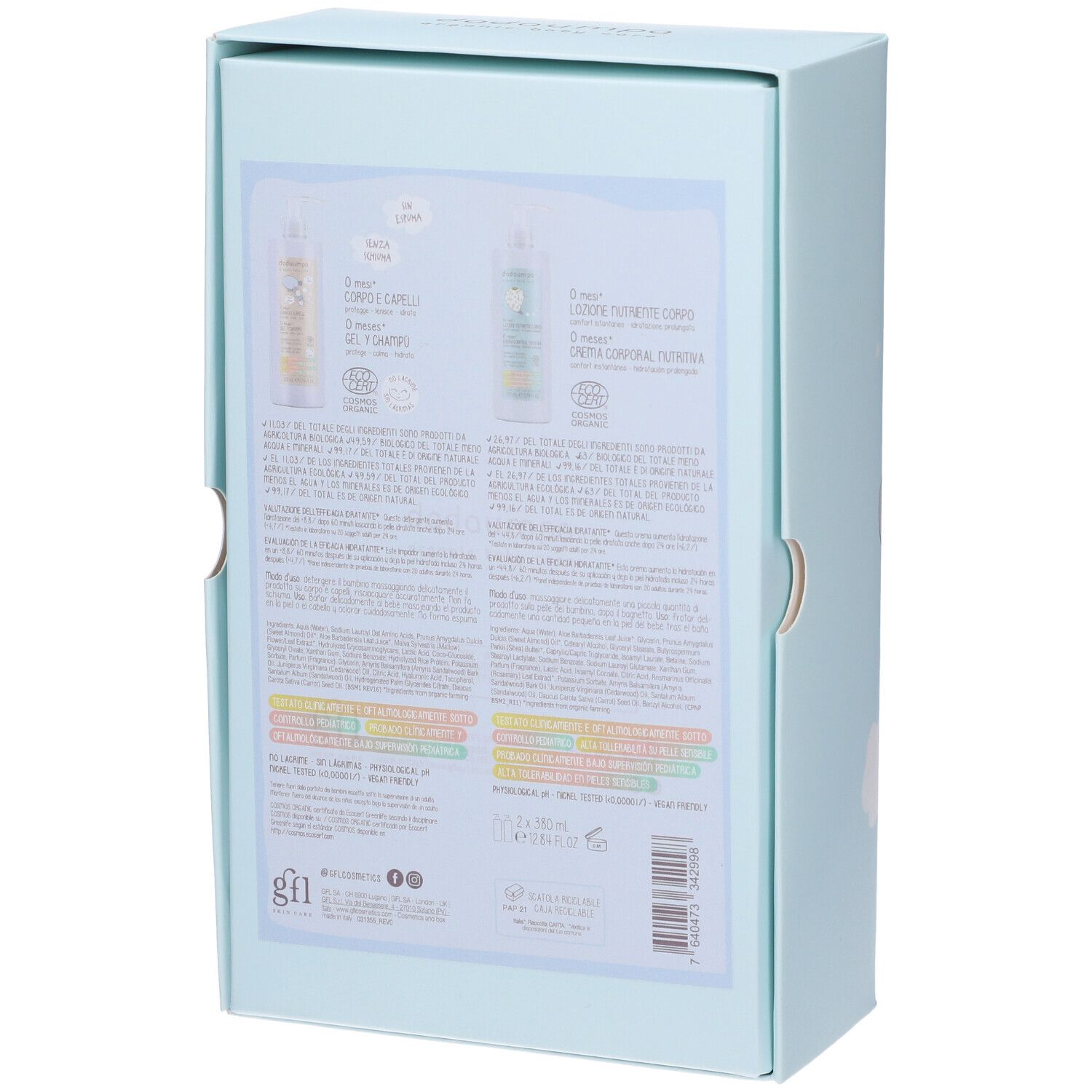 Retro della confezione azzurra. Contiene informazioni sul prodotto e testo in italiano. Due prodotti.