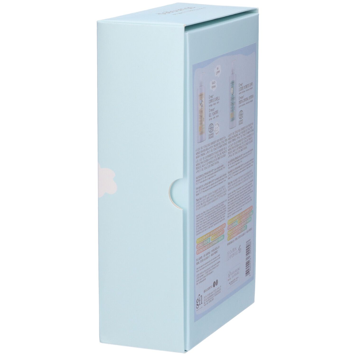 Confezione azzurra, vista laterale. Informazioni sul prodotto e testo in italiano.