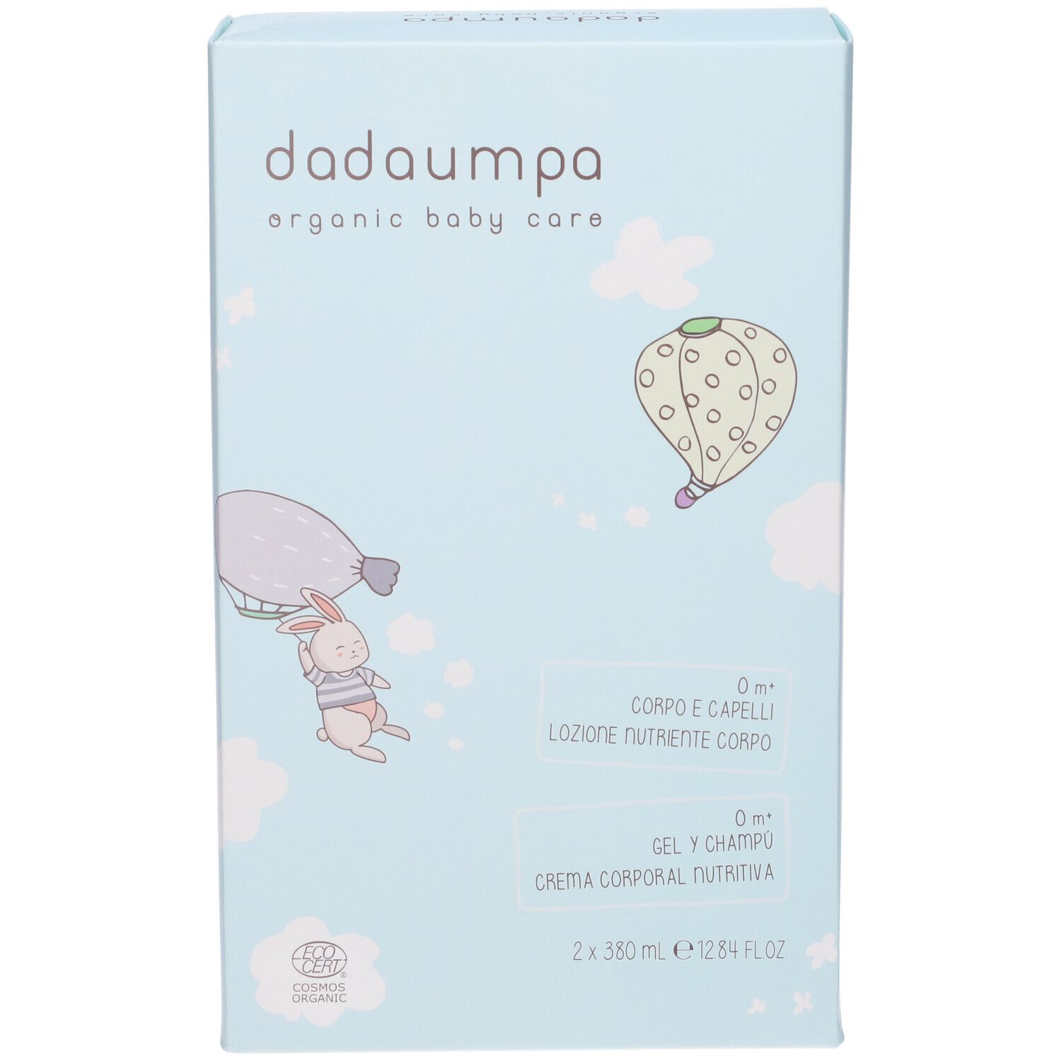 Confezione azzurra con nome del prodotto e illustrazioni. Contiene testo in italiano. Contiene due prodotti.