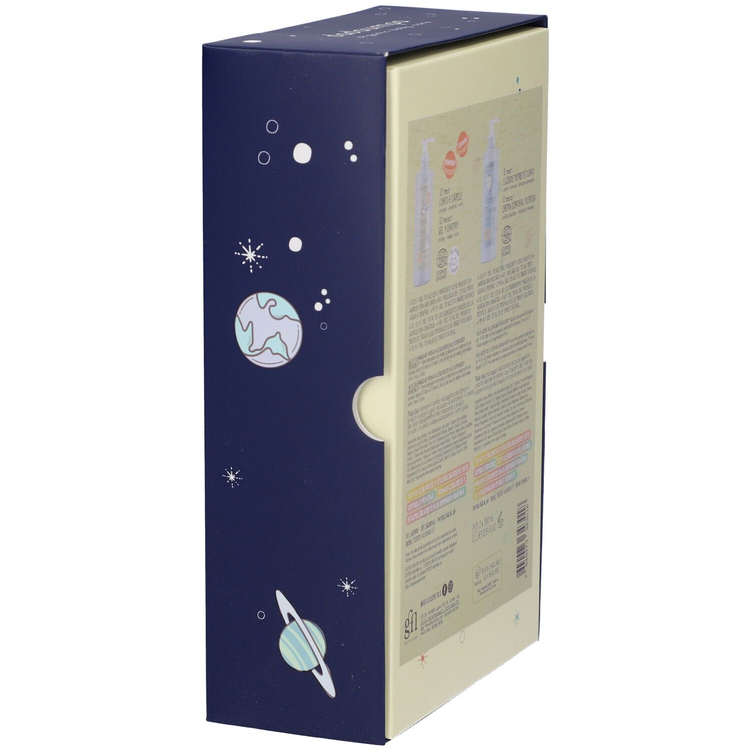 Confezione, vista laterale con immagini e testo del prodotto. Logo COSMOS ORGANIC. Marchio: dadaumpa.