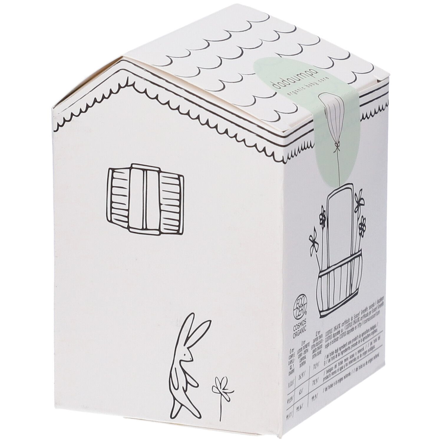 Scatola a forma di casa con logo dadaumpa. Illustrazioni: finestra, coniglio, fiore. Logo ECOCERT visibile.