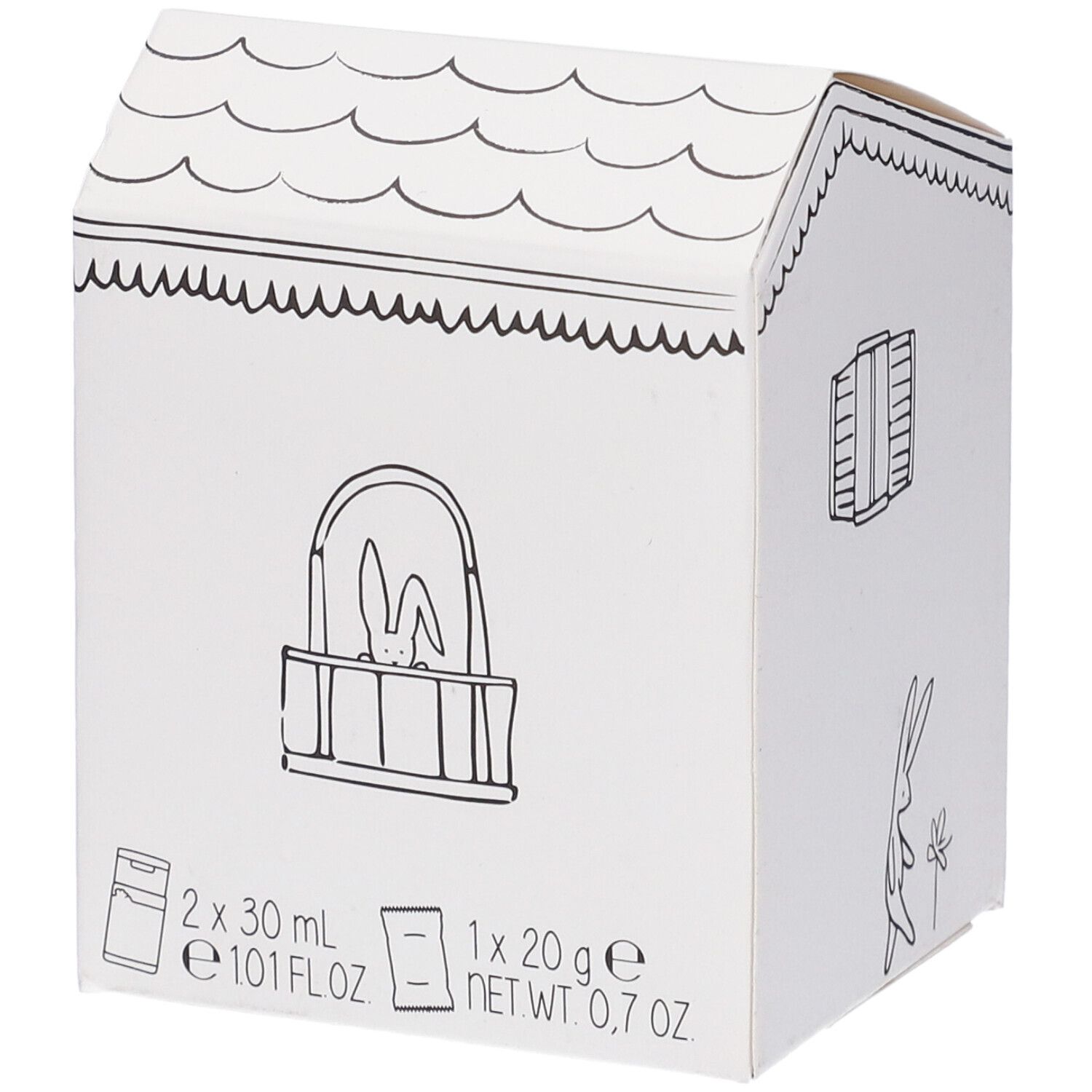 Scatola a forma di casa con logo dadaumpa. Contiene due flaconi e una confezione. Indicazioni di volume: 2x30 ml, 1x20 g.