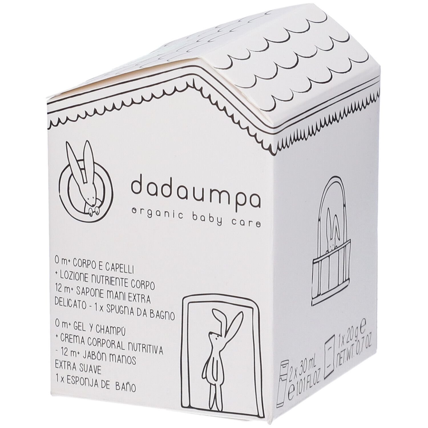 Scatola a forma di casa con logo dadaumpa. Contiene nomi di prodotti e illustrazioni. Logo ECOCERT visibile.