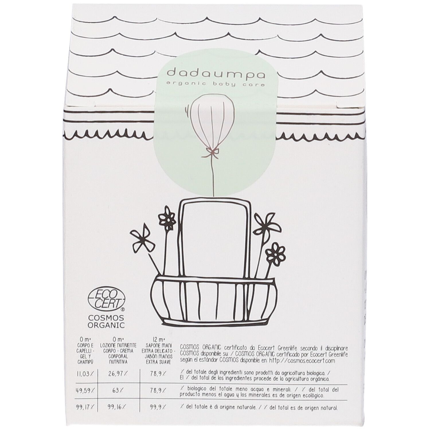 Scatola a forma di casa, logo dadaumpa e certificazione ECOCERT. Contiene informazioni sul prodotto e illustrazioni.