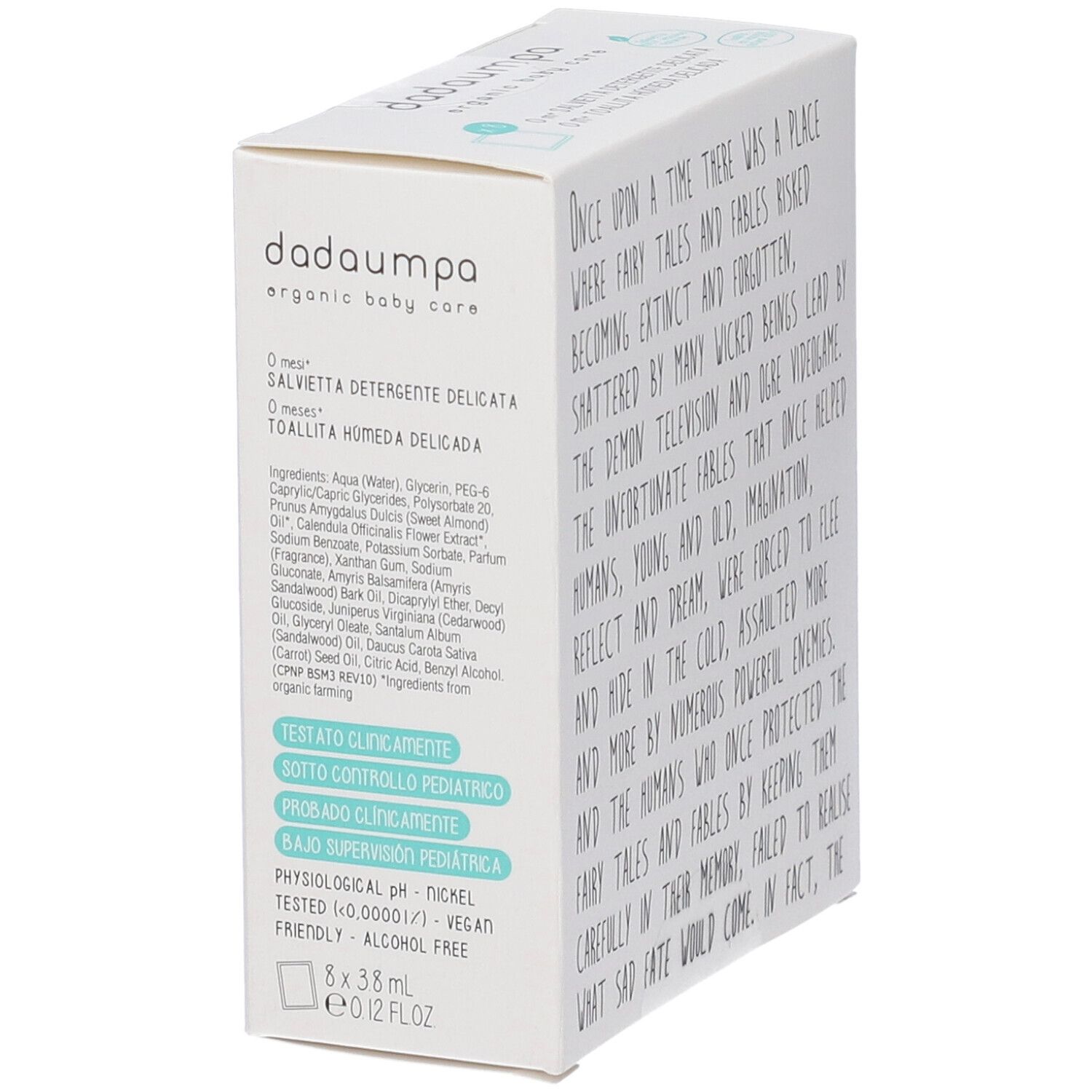 Scatola di cartone bianca con testo. Dadaumpa, Salviette Detergenti Delicata. 8 salviette, 3,8 ml.