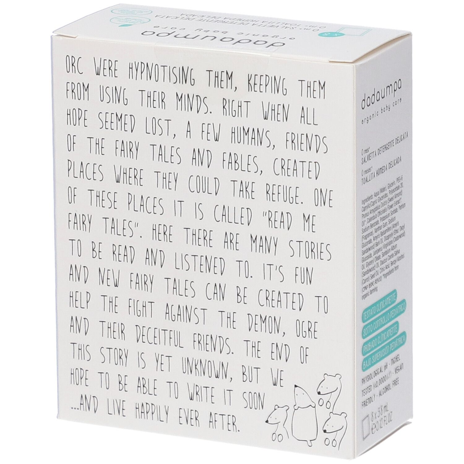 Scatola di cartone bianca con testo. Dadaumpa. Testo su fiabe e favole. Piccoli disegni.