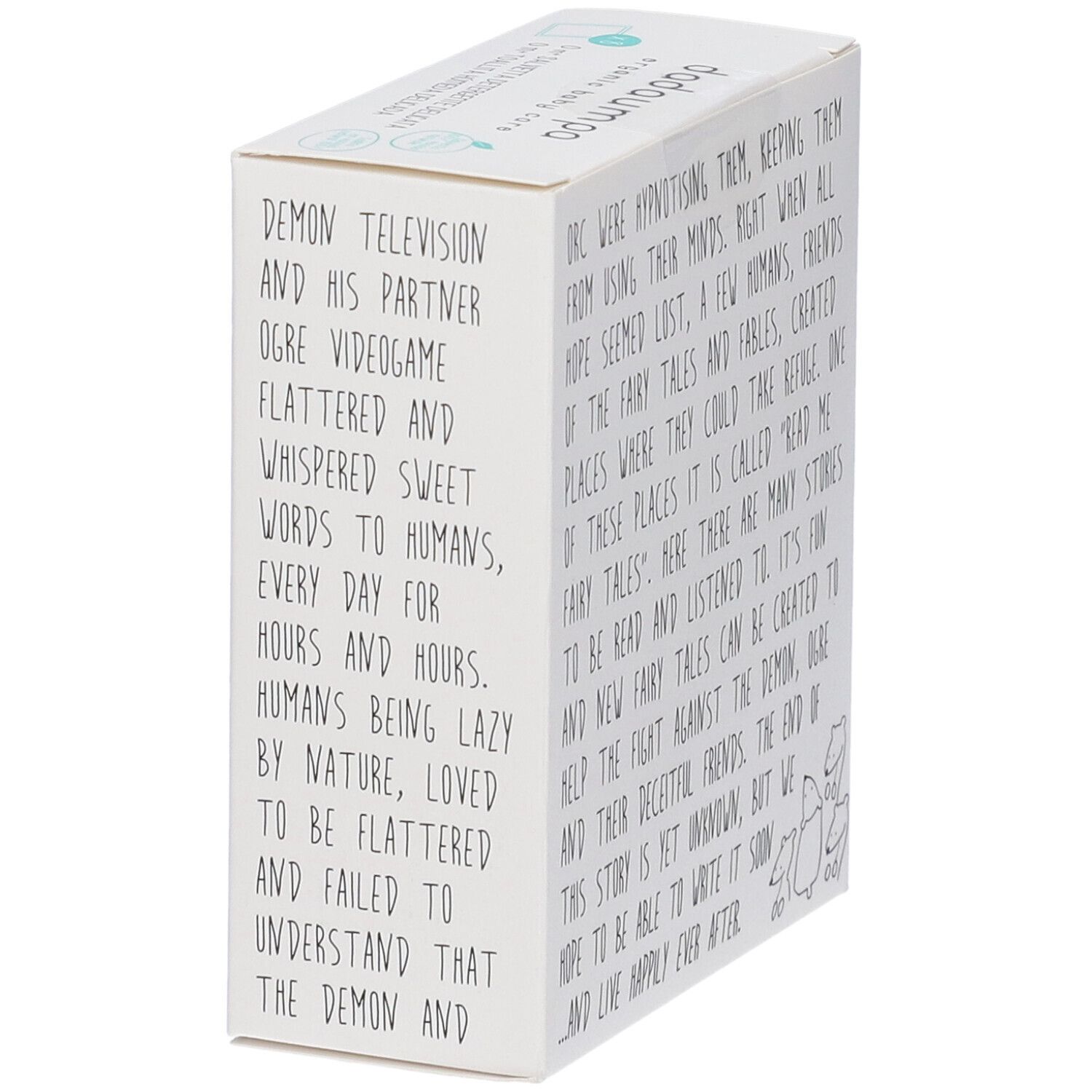 Scatola di cartone bianca con testo. Dadaumpa. Testo su fiabe e favole.