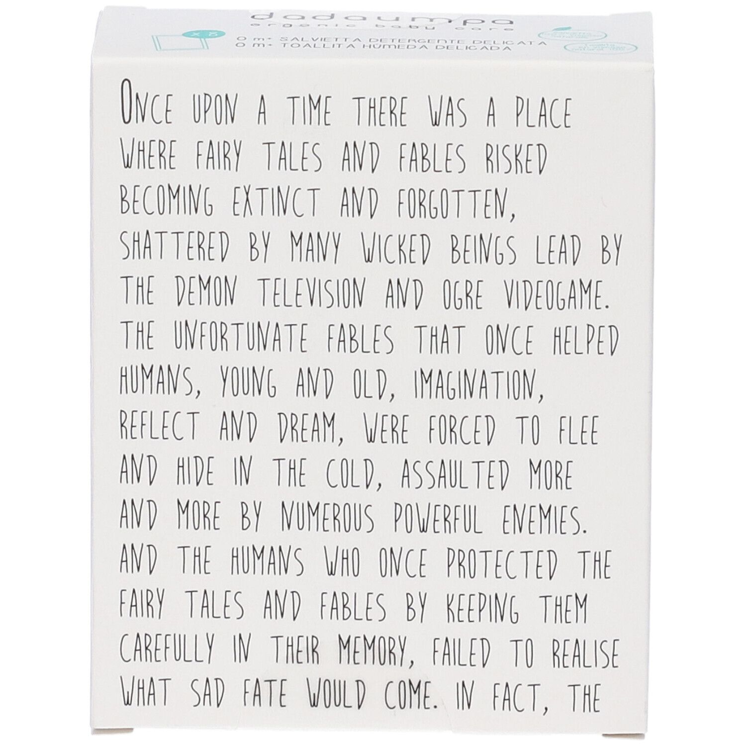 Scatola di cartone bianca con testo. Dadaumpa. Testo su fiabe e favole.