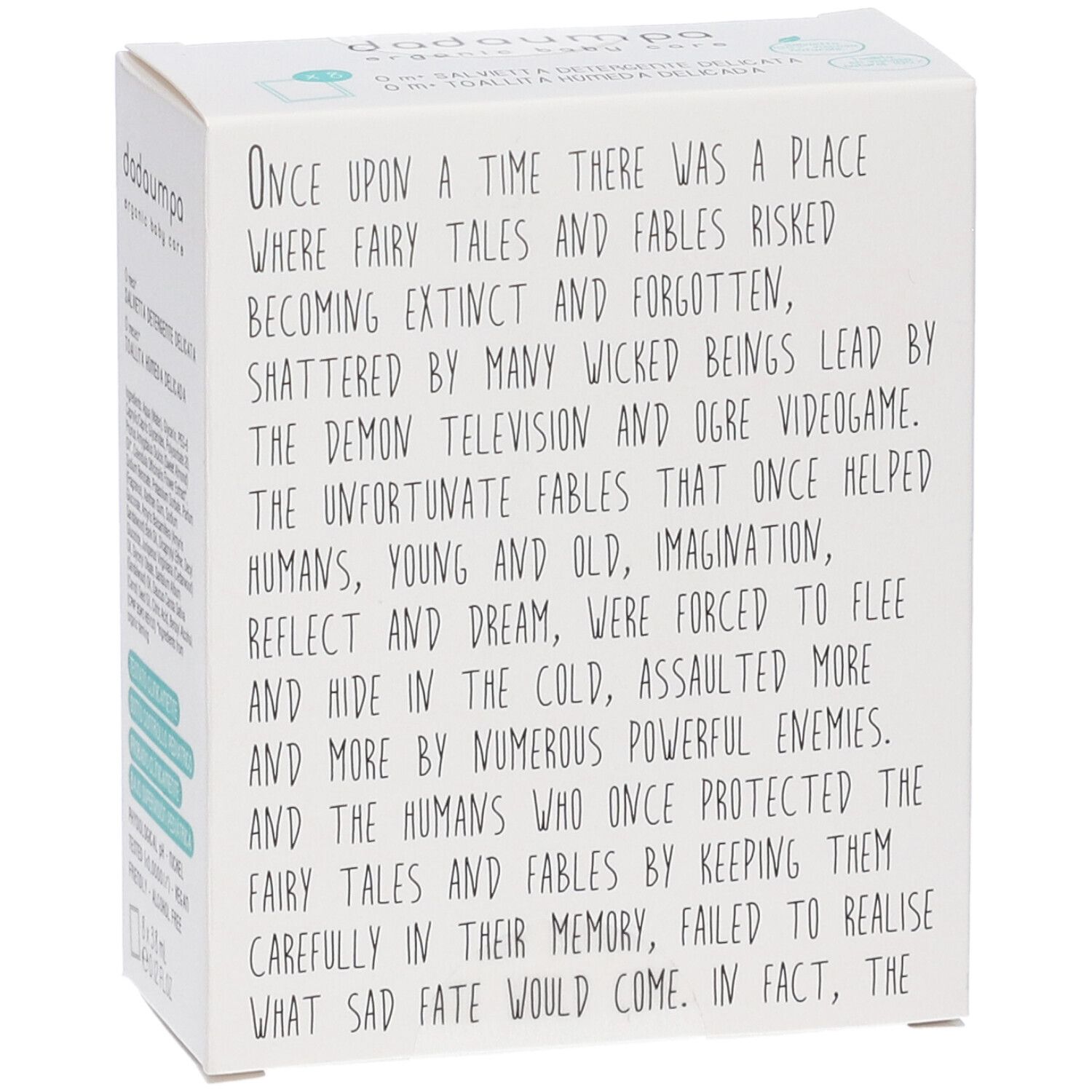 Scatola di cartone bianca con testo. Dadaumpa. Testo su fiabe e favole.