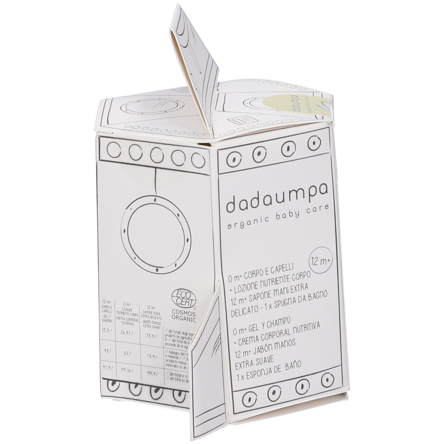 Scatola bianca a forma di razzo, parzialmente aperta. Testo: Dadaumpa organic baby care. Contiene 0m+ corpo & capelli, lozione, sapone, spugna.