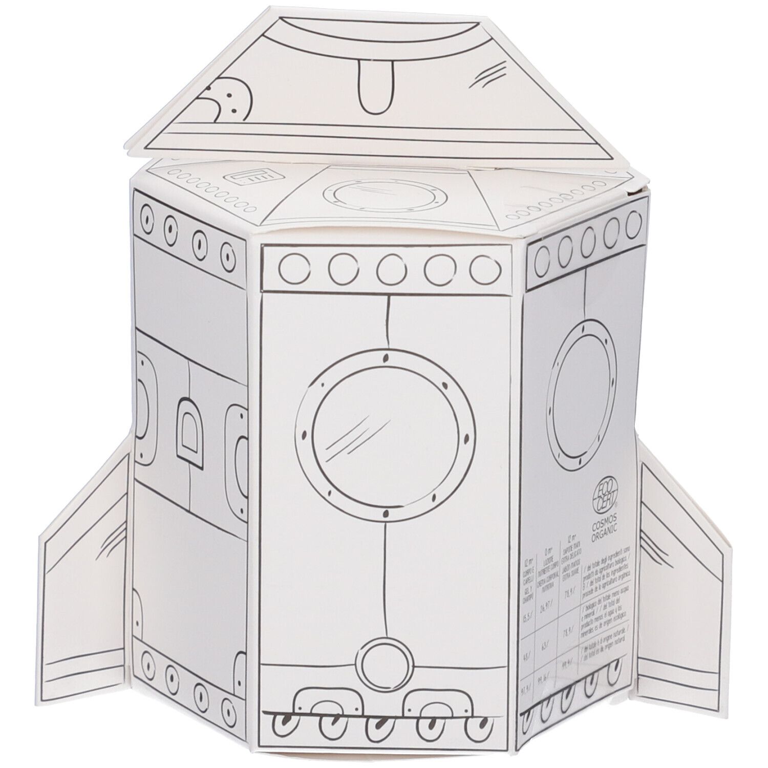 Scatola bianca a forma di razzo. Design con finestre rotonde e dettagli. Contiene informazioni sul prodotto e il marchio Cosmos Organic.