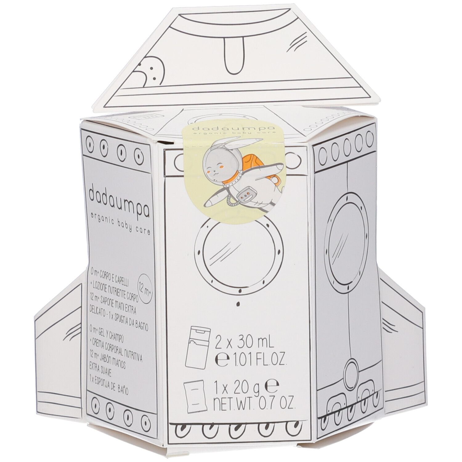 Scatola bianca a forma di razzo. Adesivo con logo e informazioni sul prodotto. Contiene 2x30ml e 1x20g di prodotti.