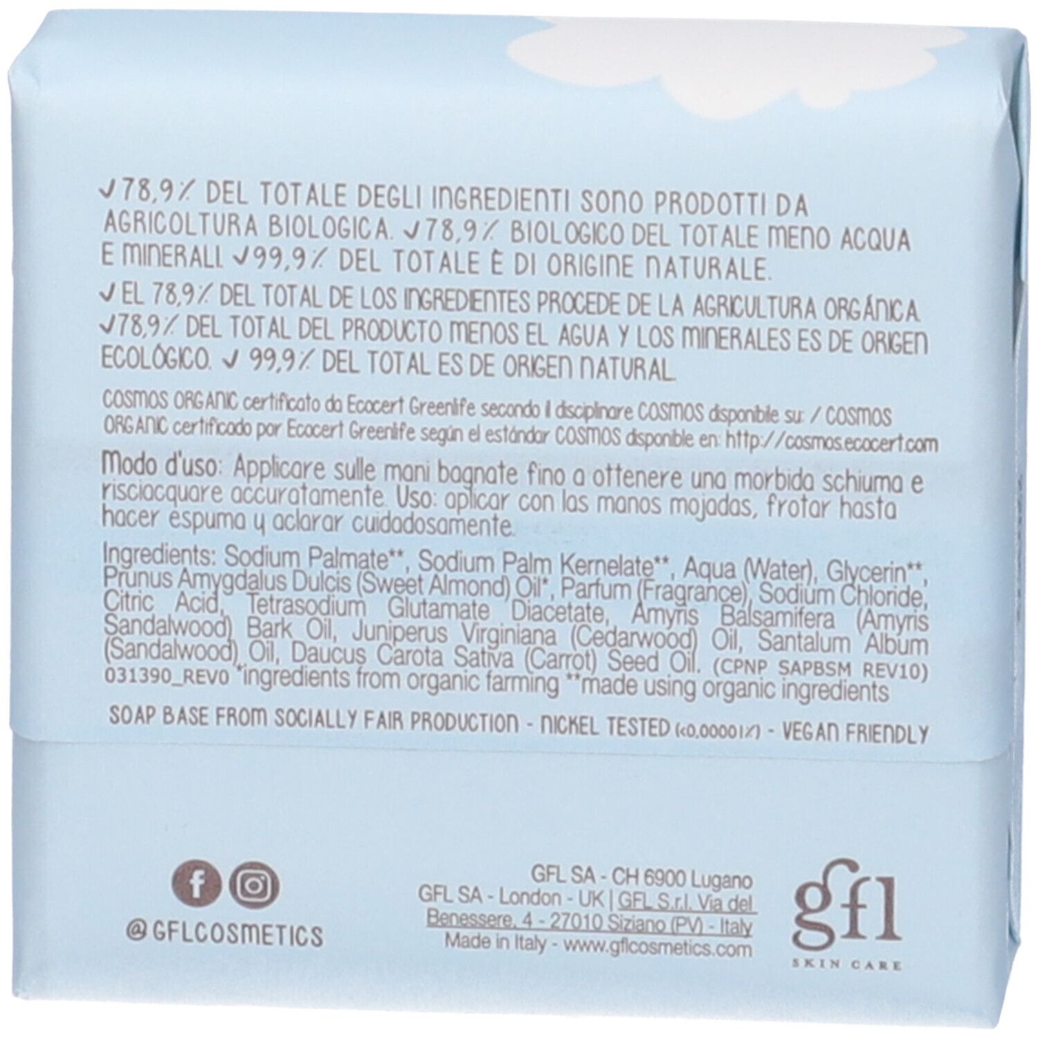 Retro della confezione con ingredienti e istruzioni. Contiene testo multilingue. Con loghi e certificazioni.