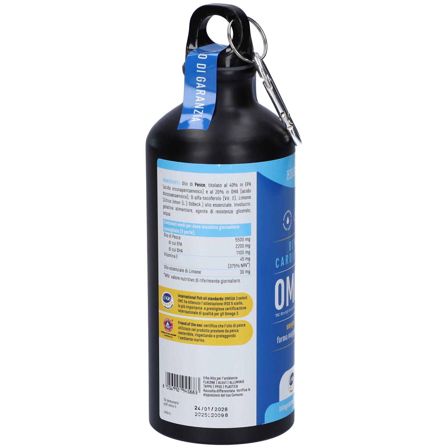 Retro della bottiglia nera con etichetta blu. Informazioni testuali e tabella nutrizionale. Moschettone sul tappo.