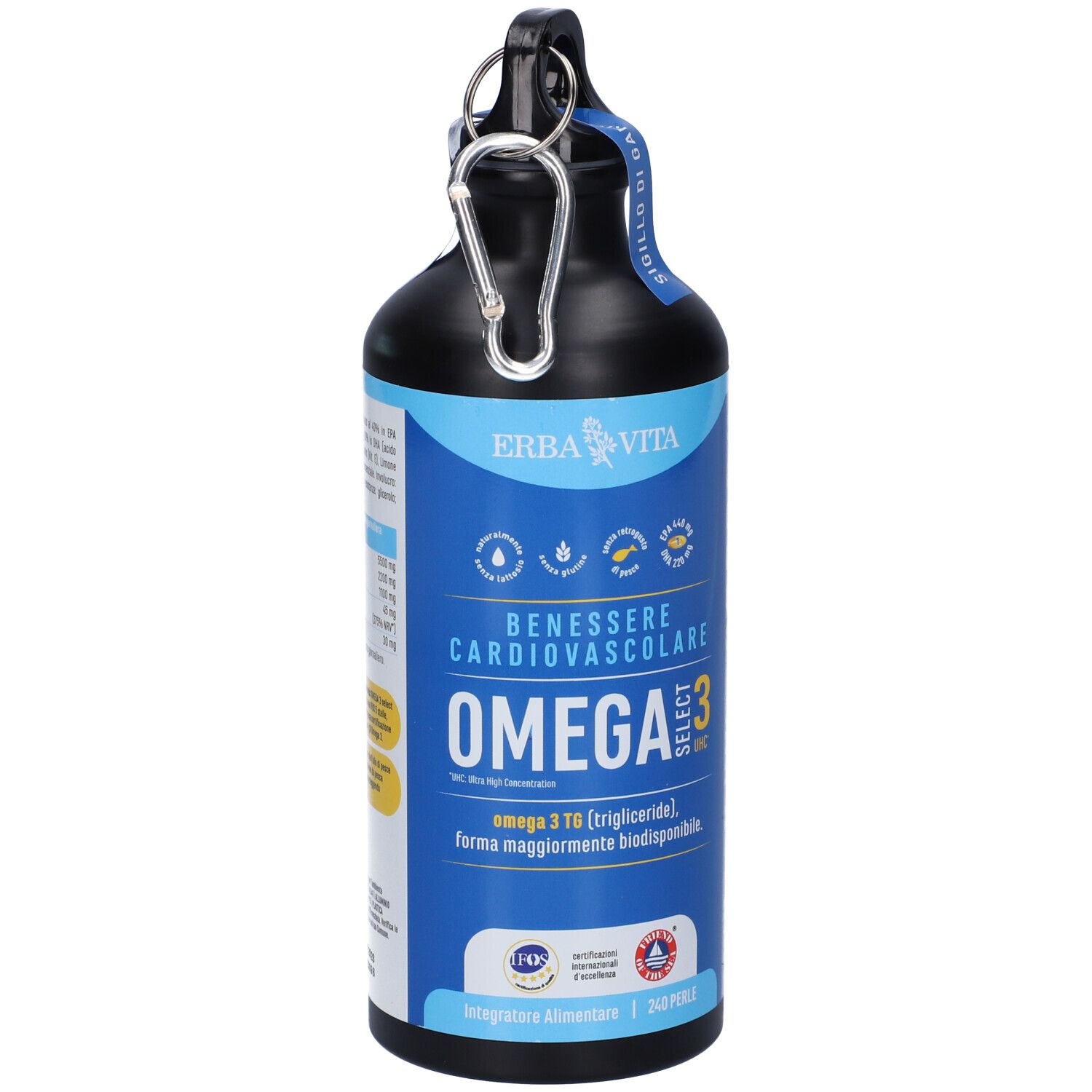 Bottiglia nera con etichetta blu. Scritte: Erba Vita, Omega 3 Select, 240 PRL. Moschettone sul tappo.