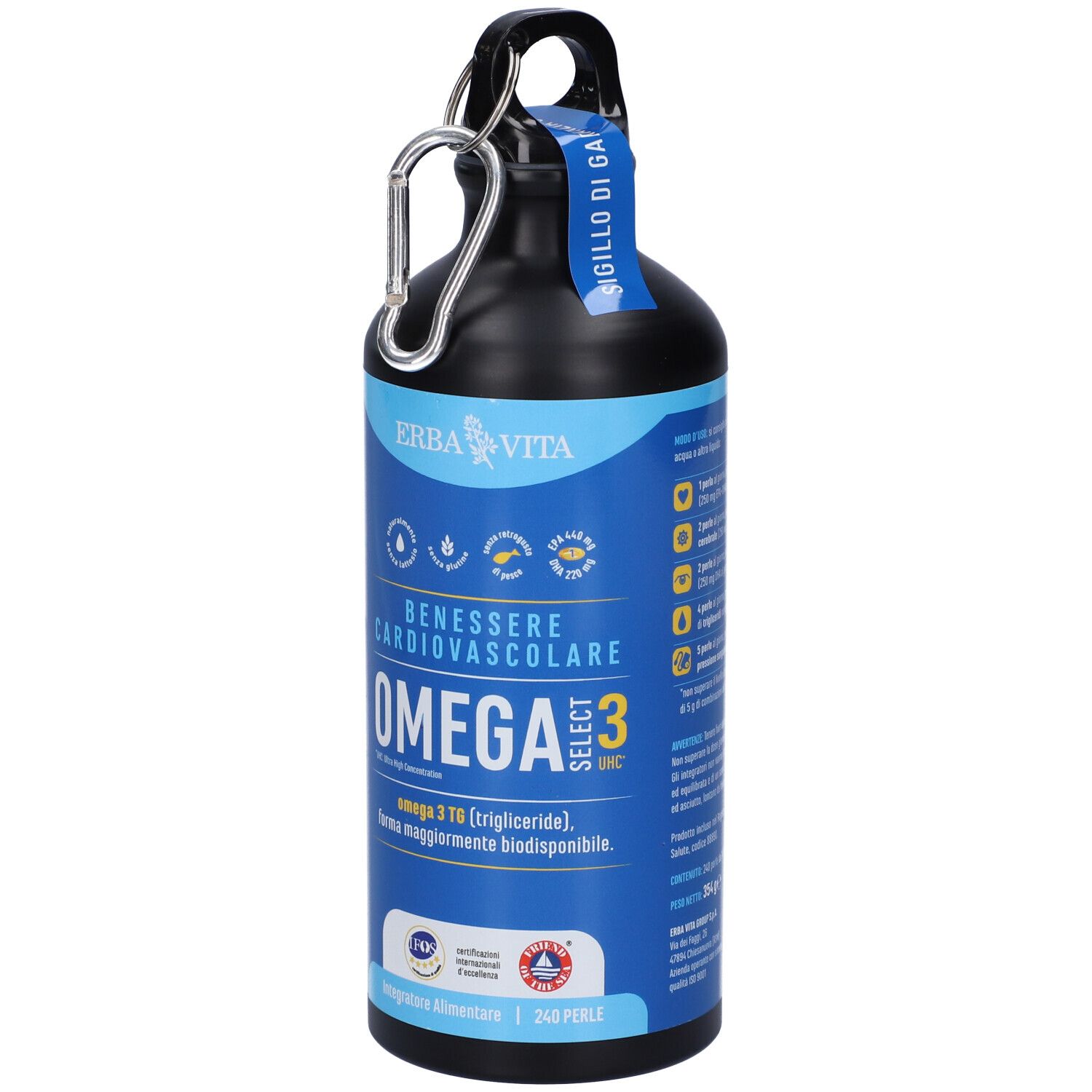 Bottiglia nera con etichetta blu. Scritte: Erba Vita, Omega 3 Select, 240 PRL. Moschettone sul tappo.