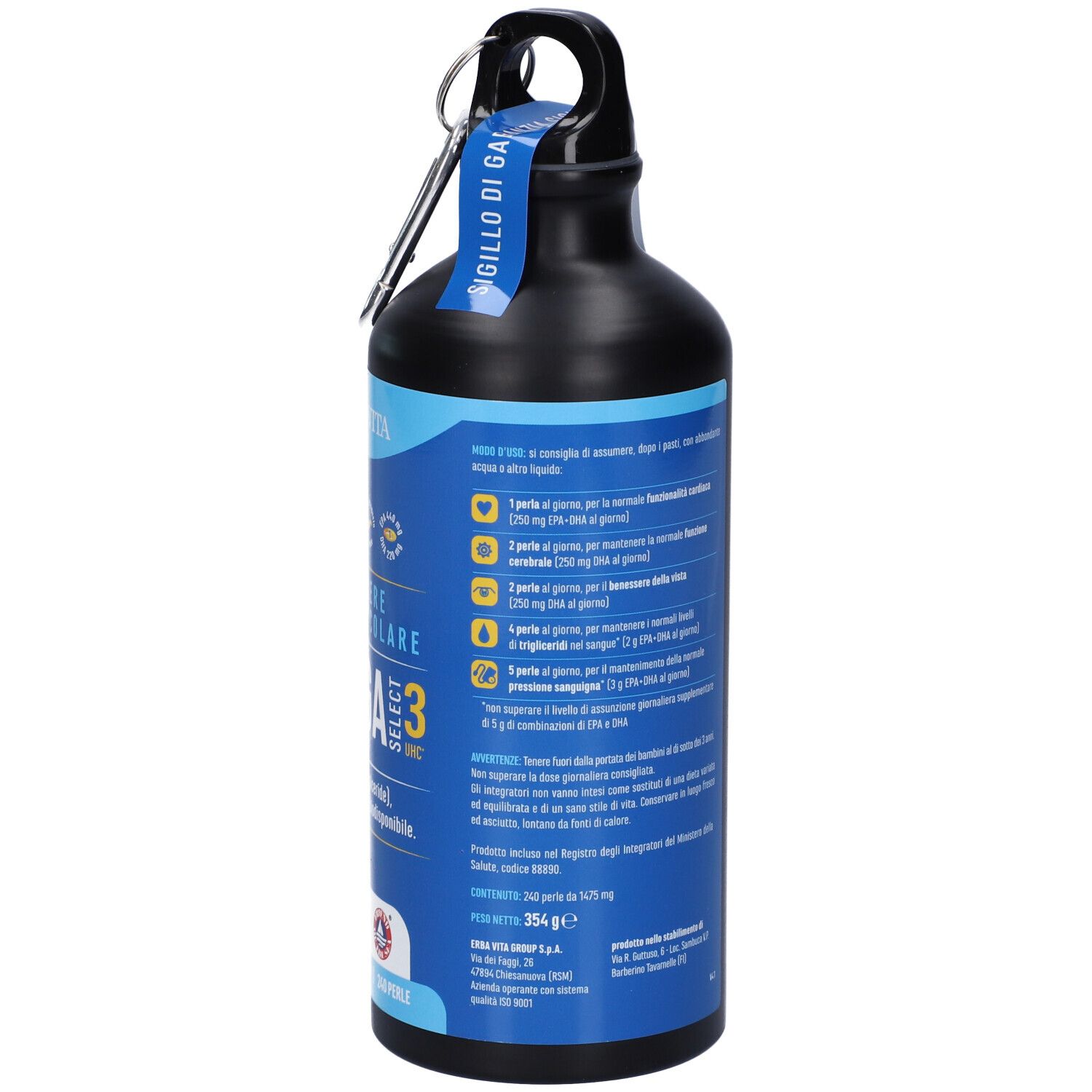 Retro della bottiglia nera con etichetta blu. Informazioni testuali e raccomandazioni di dosaggio. Moschettone sul tappo.