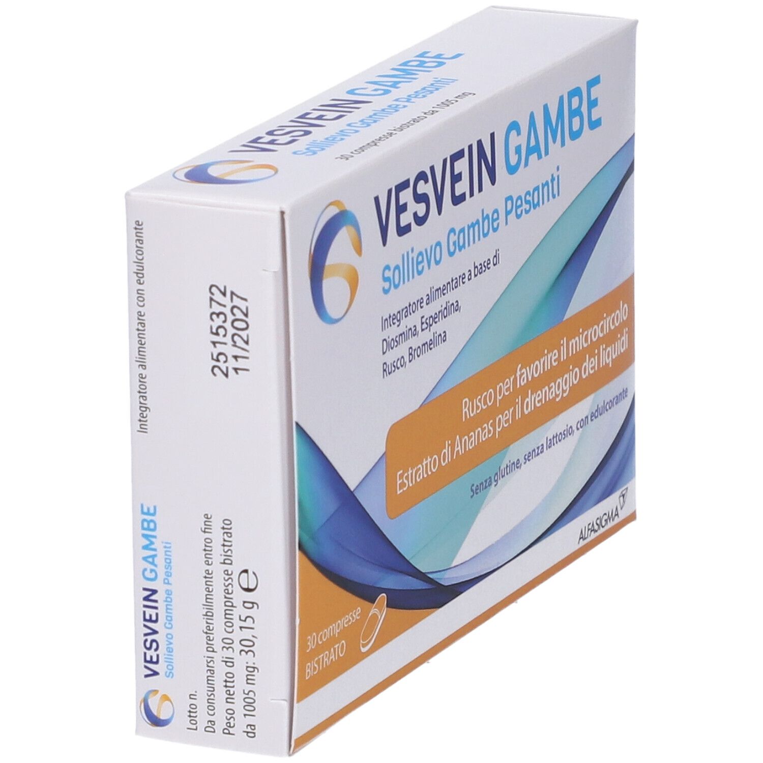 Scatola Vesvein Gambe, angolata. Scritto: Sollievo Gambe Pesanti. Contiene 30 compresse. Con Diosmina, Esperidina, Rusco, Bromelina.