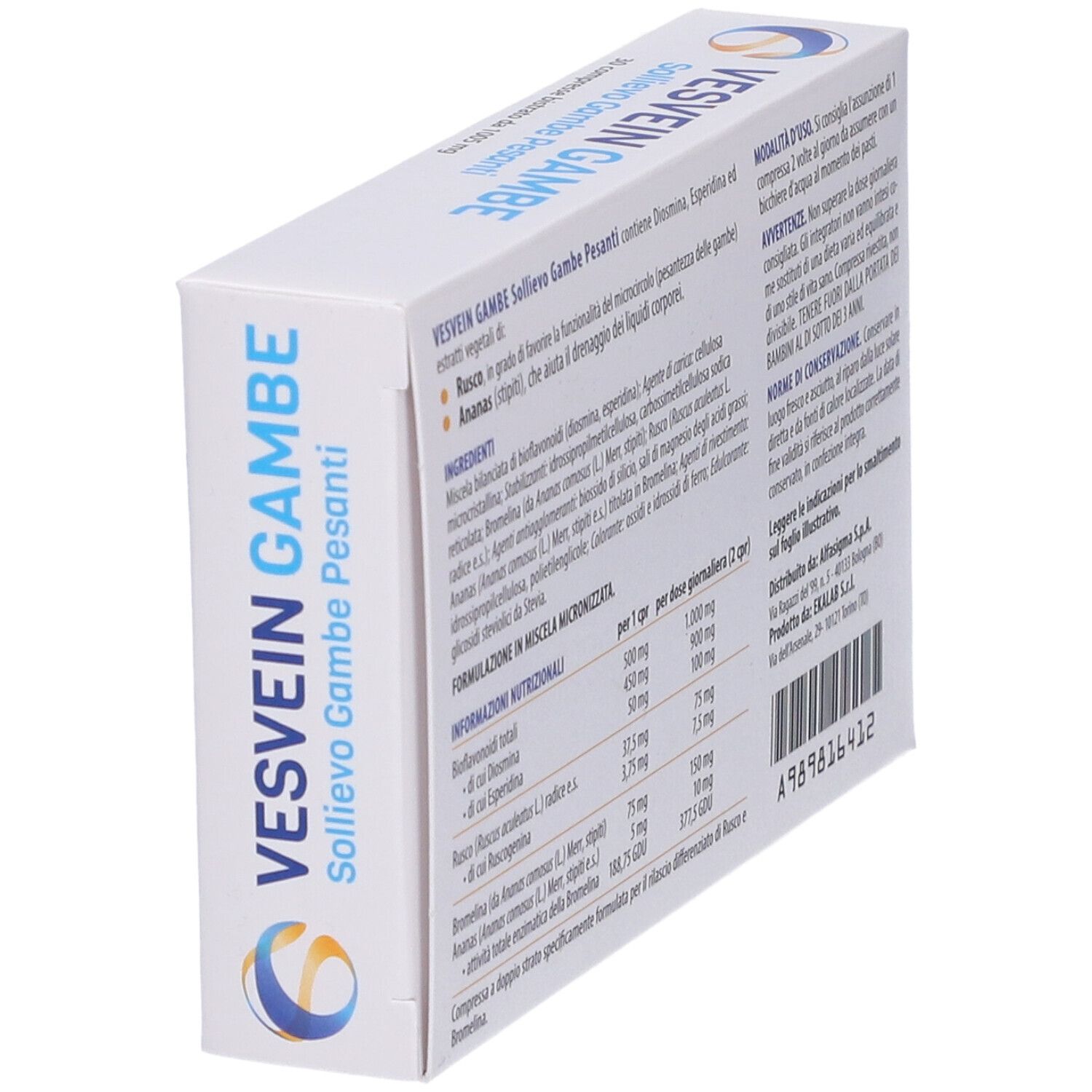 Scatola Vesvein Gambe, angolata. Scritto: Sollievo Gambe Pesanti. Contiene informazioni su ingredienti e valori nutrizionali.