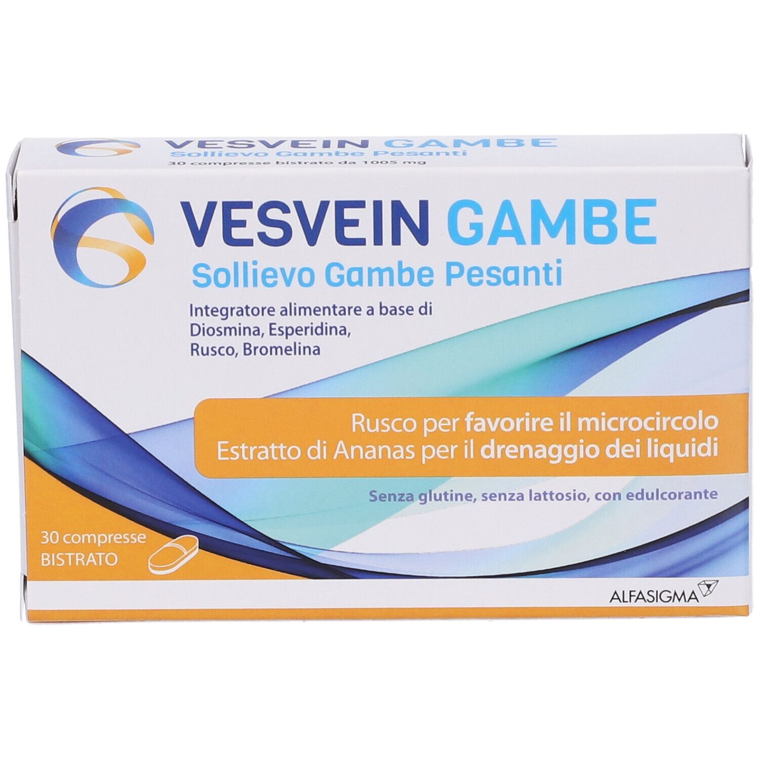 Scatola di Vesvein Gambe. Scritto: Sollievo Gambe Pesanti. Contiene 30 compresse. Con Diosmina, Esperidina, Rusco, Bromelina.