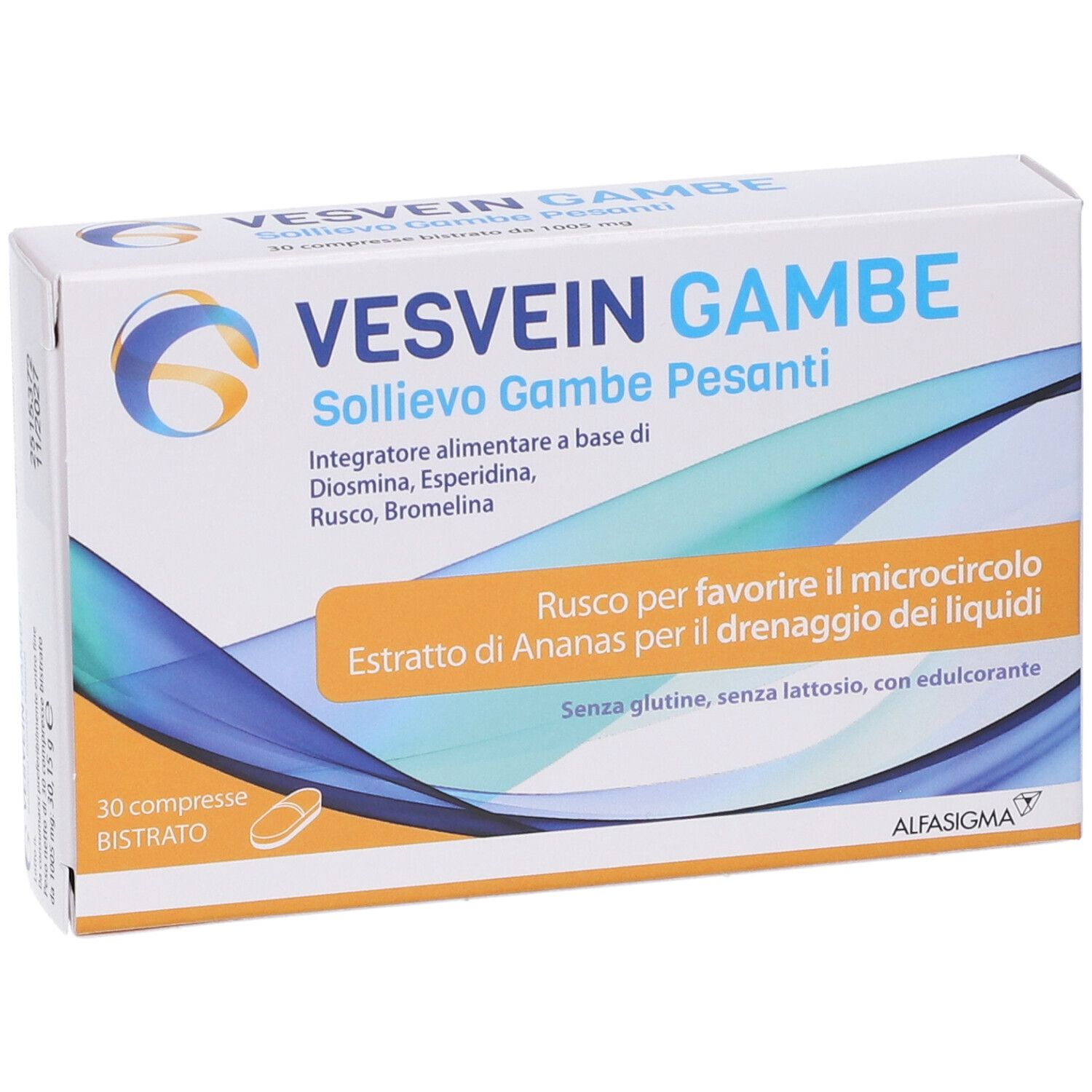 Scatola di Vesvein Gambe. Scritto: Sollievo Gambe Pesanti. Contiene 30 compresse. Con Diosmina, Esperidina, Rusco, Bromelina.