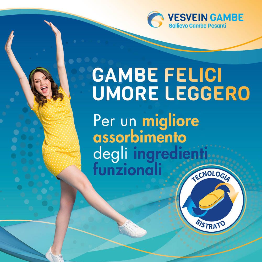 Pubblicità con donna sorridente. Testo: Gambe Felici, Umore Leggero. Tecnologia Bistrato. Per un migliore assorbimento degli ingredienti funzionali.