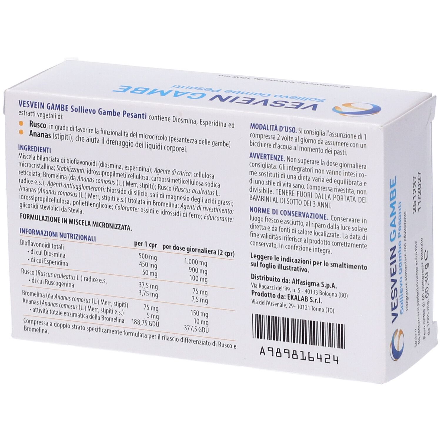 Retro della scatola Vesvein Gambe. Contiene informazioni su ingredienti, valori nutrizionali e uso. Testo in italiano.