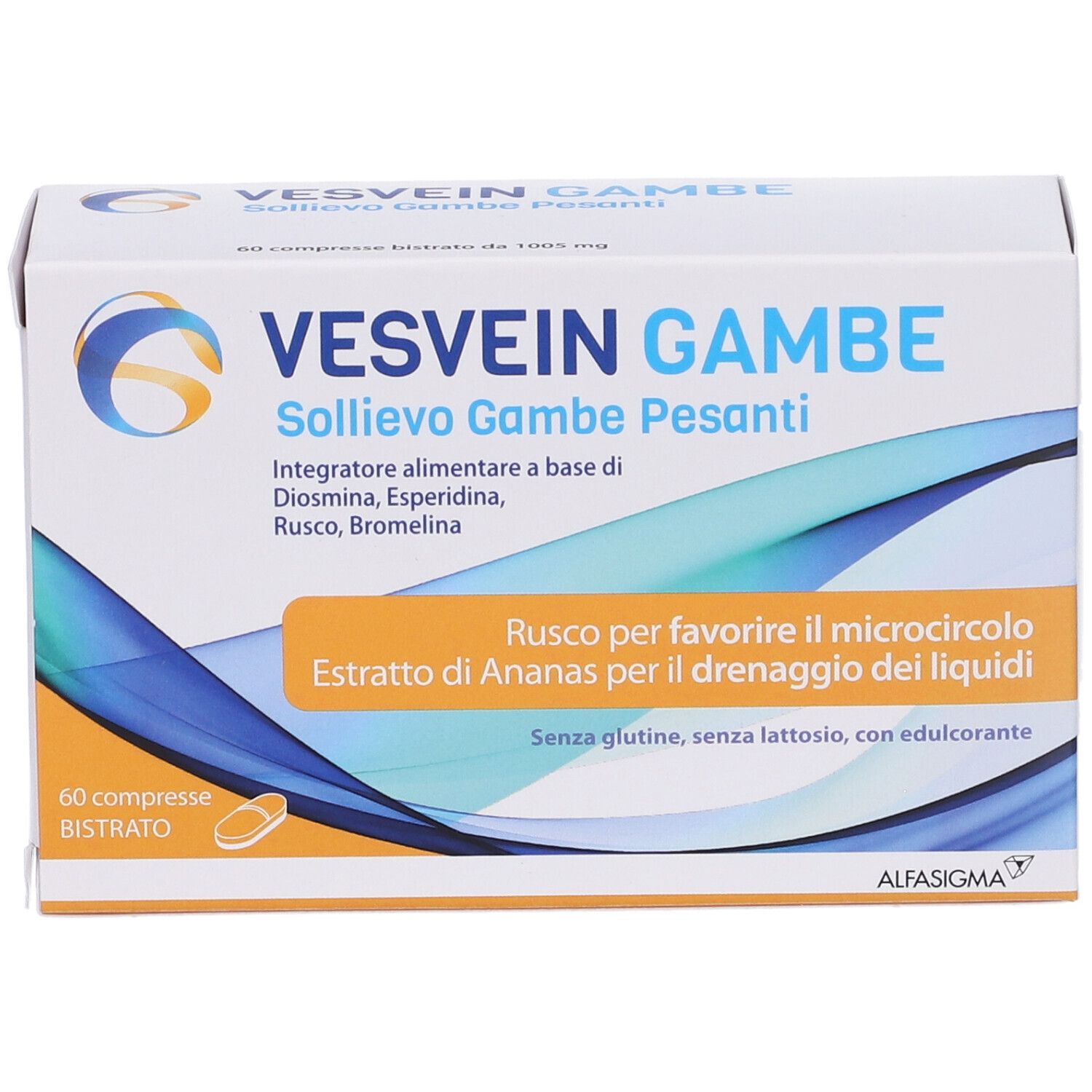 Scatola Vesvein Gambe, 60 compresse. Scritto: Sollievo Gambe Pesanti. Contiene Diosmina, Esperidina, Rusco, Bromelina. Vista frontale.