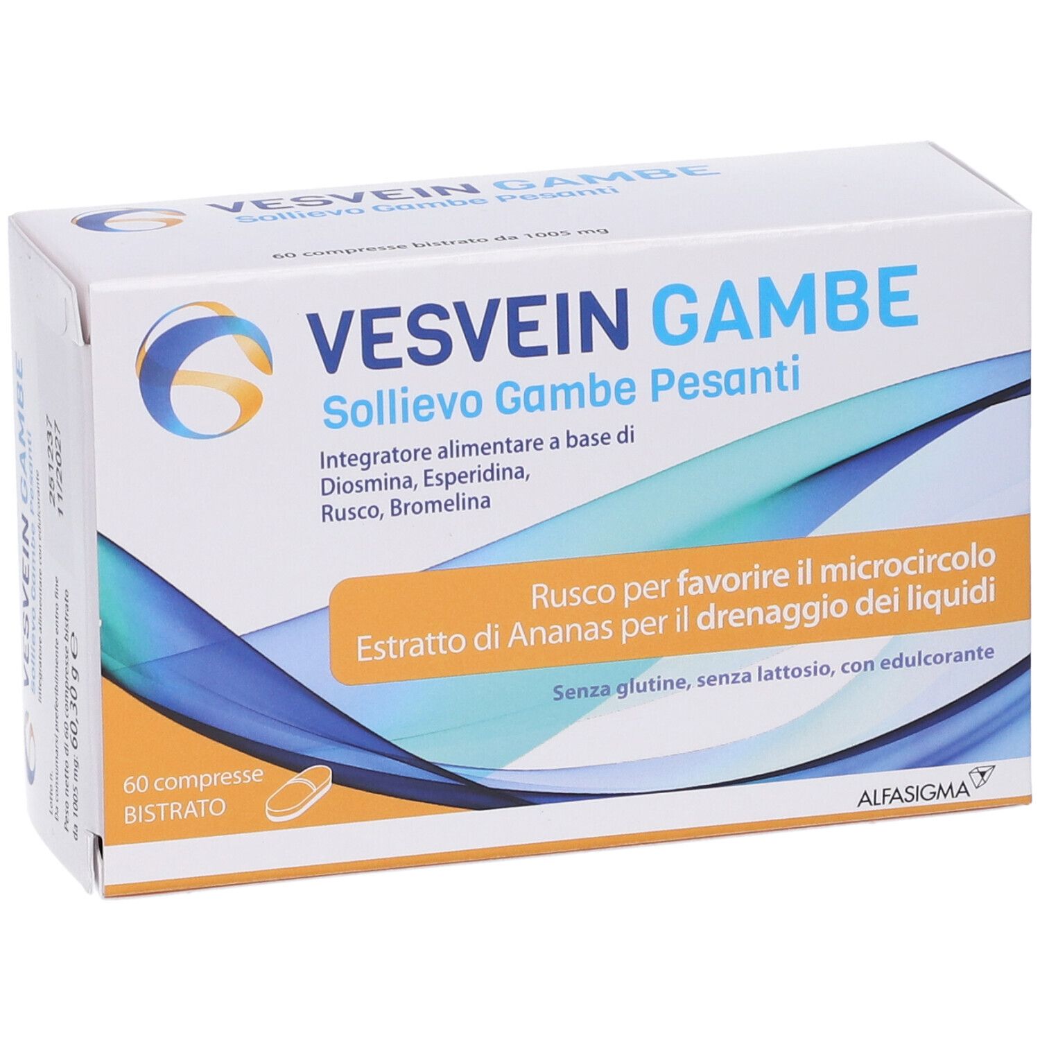 Scatola Vesvein Gambe, 60 compresse. Scritto: Sollievo Gambe Pesanti. Contiene Diosmina, Esperidina, Rusco, Bromelina. Vista frontale.