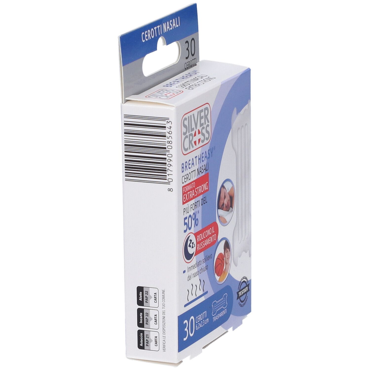 Vista laterale della confezione da 30 cerotti nasali Silver Cross Breatheyasy Extra Strong. Codice a barre visibile.