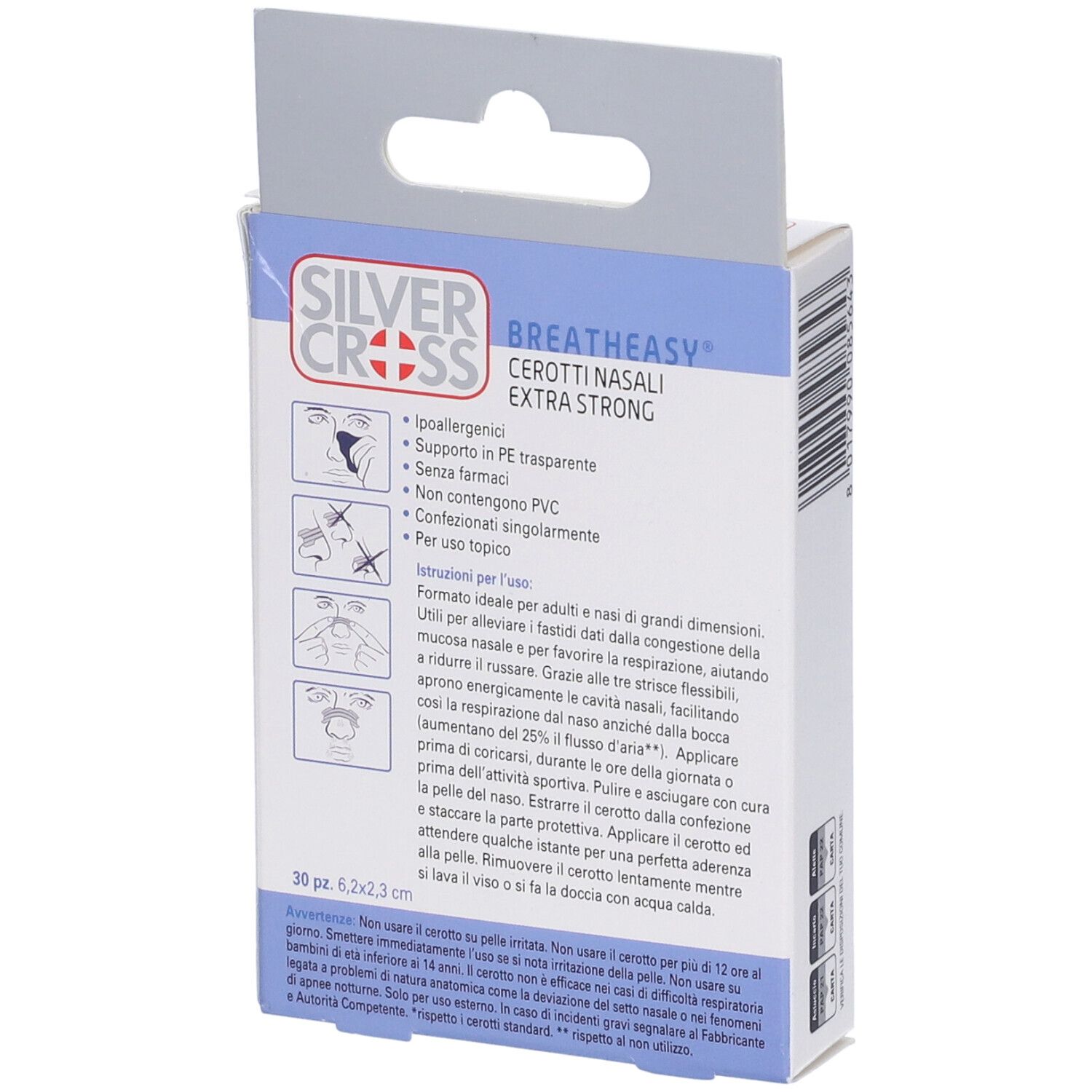 Retro della confezione con informazioni sul prodotto. Silver Cross Breatheyasy Extra Strong. Istruzioni per l'uso.