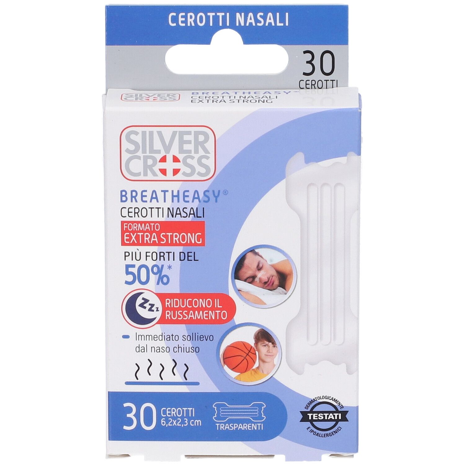Confezione da 30 cerotti nasali Silver Cross Breatheyasy Extra Strong. Riduce il russare. Dimensioni 6,2x2,3 cm.
