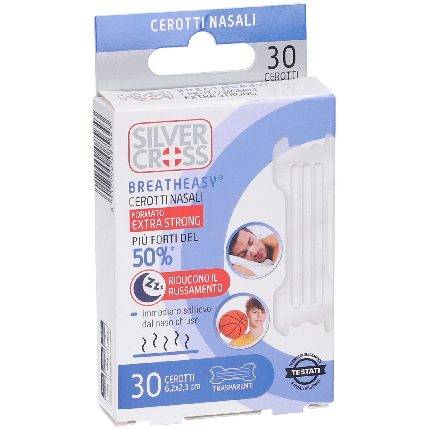 Confezione da 30 cerotti nasali Silver Cross Breatheyasy Extra Strong. Riduce il russare. Dimensioni 6,2x2,3 cm.