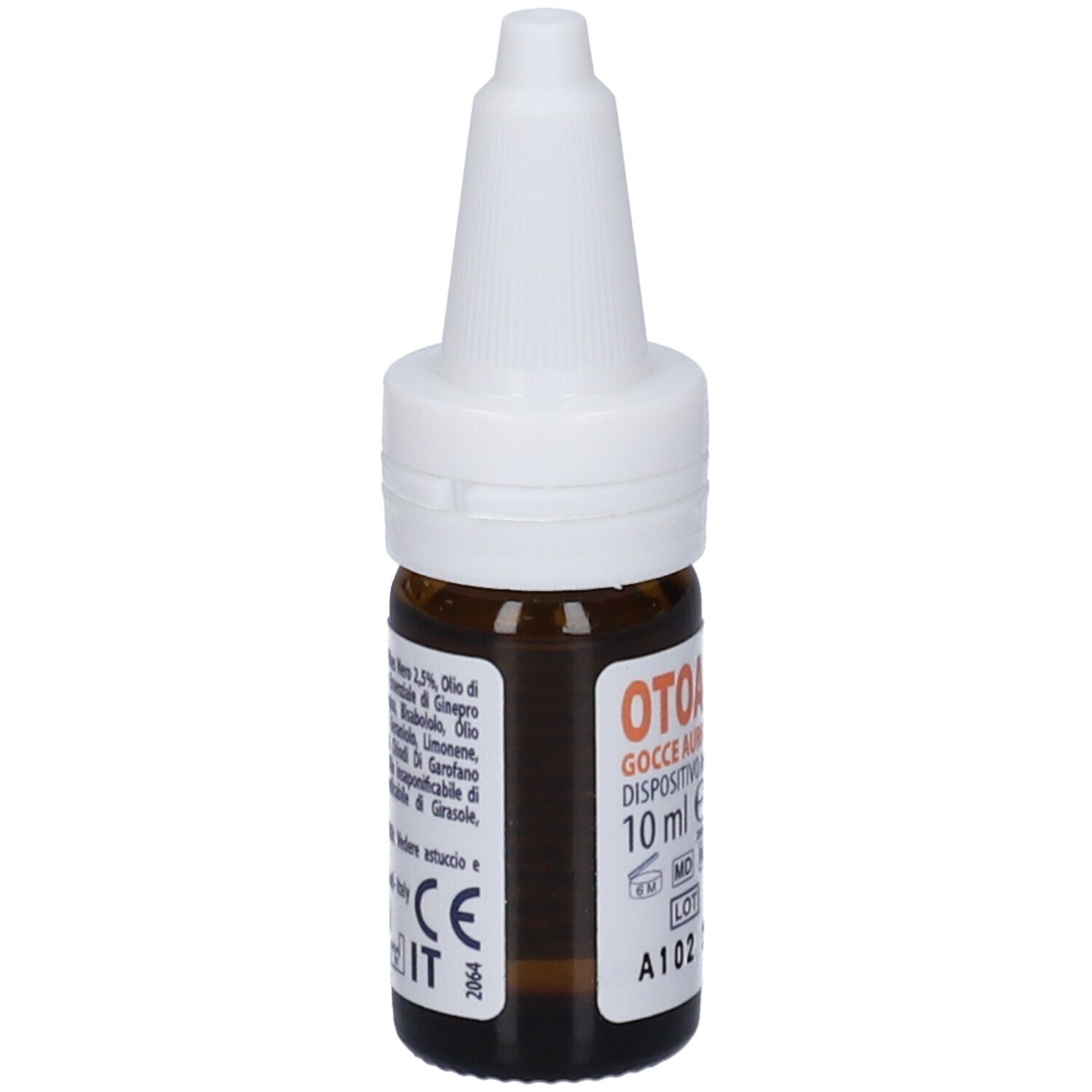 Flacone di vetro marrone con tappo bianco. Etichetta con nome e ingredienti. Dispositivo medico.