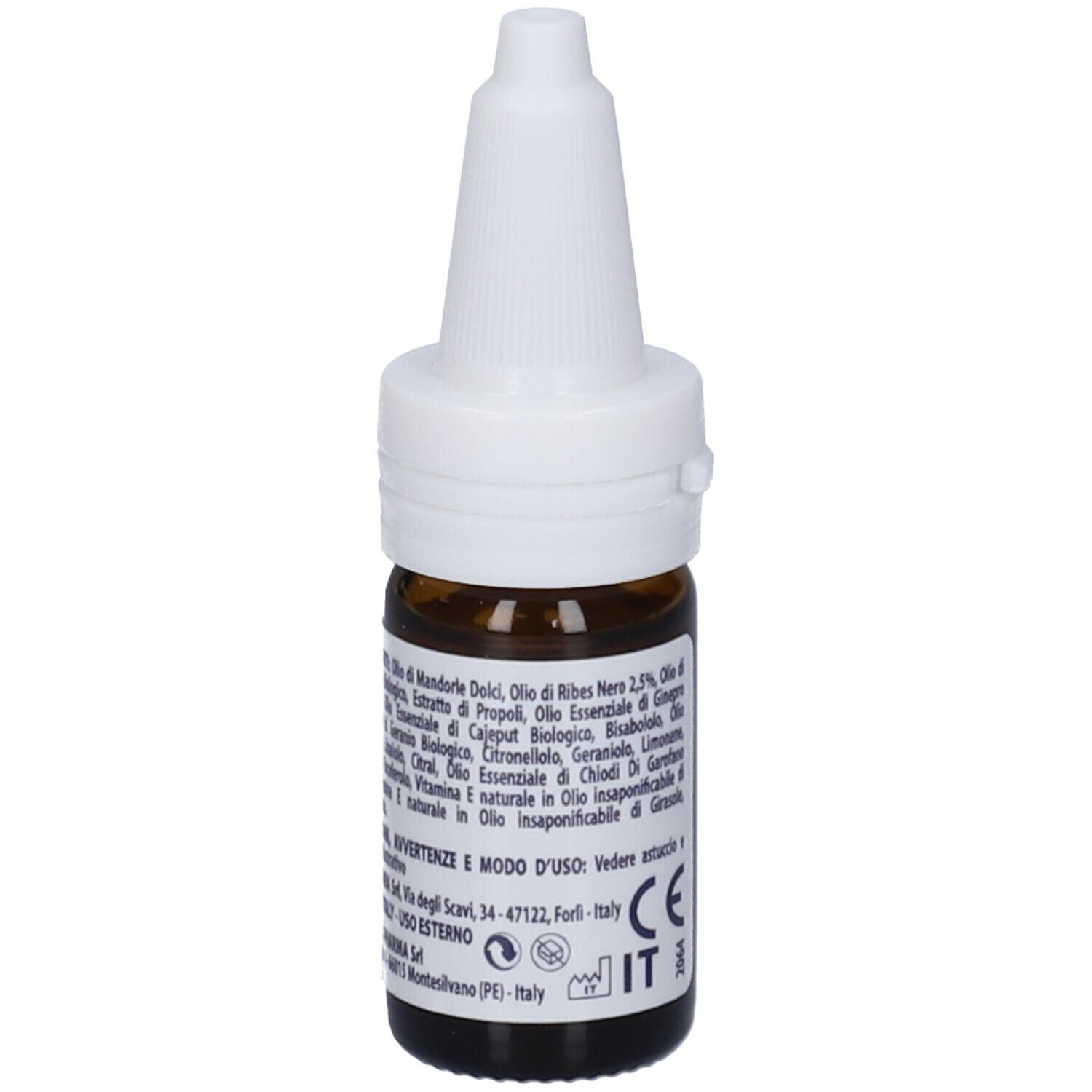 Flacone di vetro marrone con tappo bianco. Etichetta con ingredienti e informazioni produttore. Dispositivo medico.
