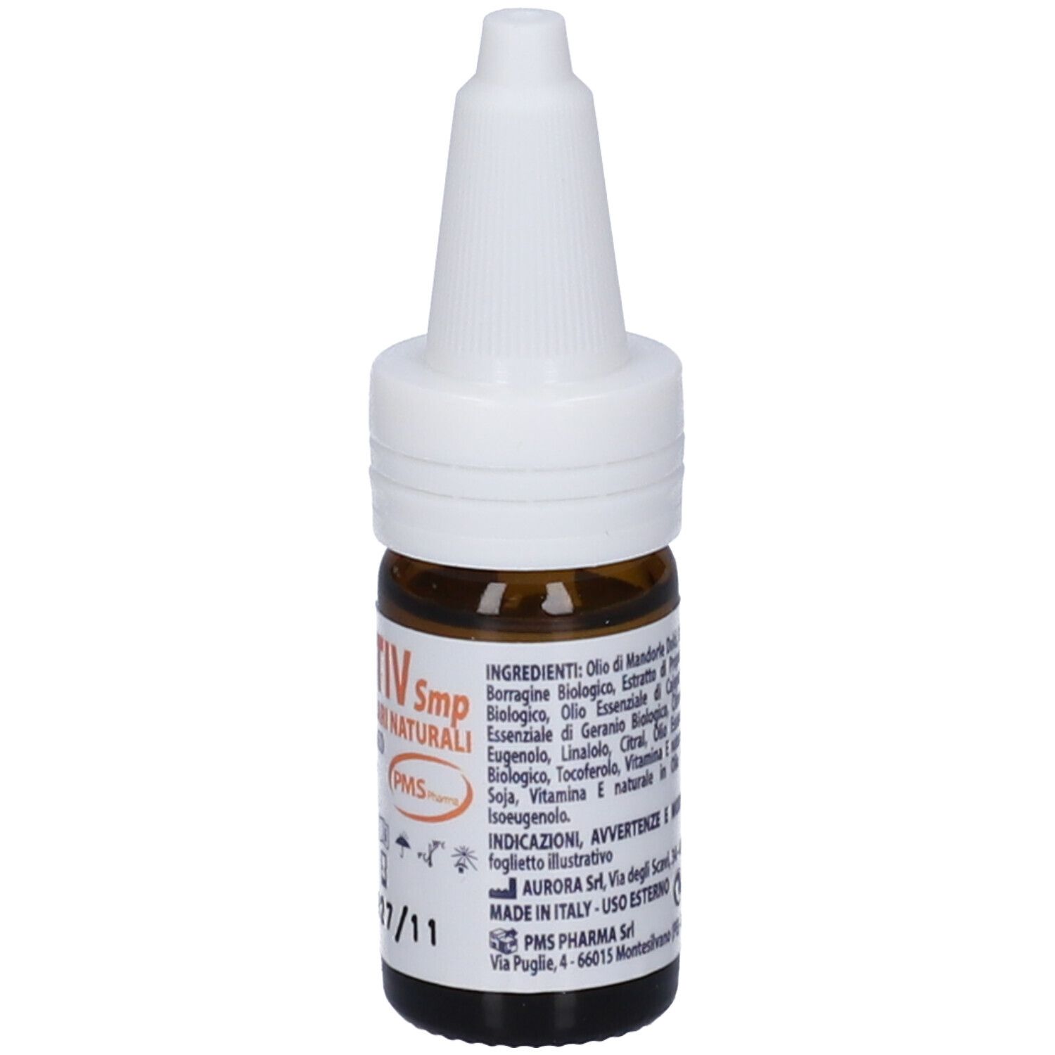 Flacone di vetro marrone con tappo bianco. Etichetta con ingredienti e informazioni produttore. Dispositivo medico.
