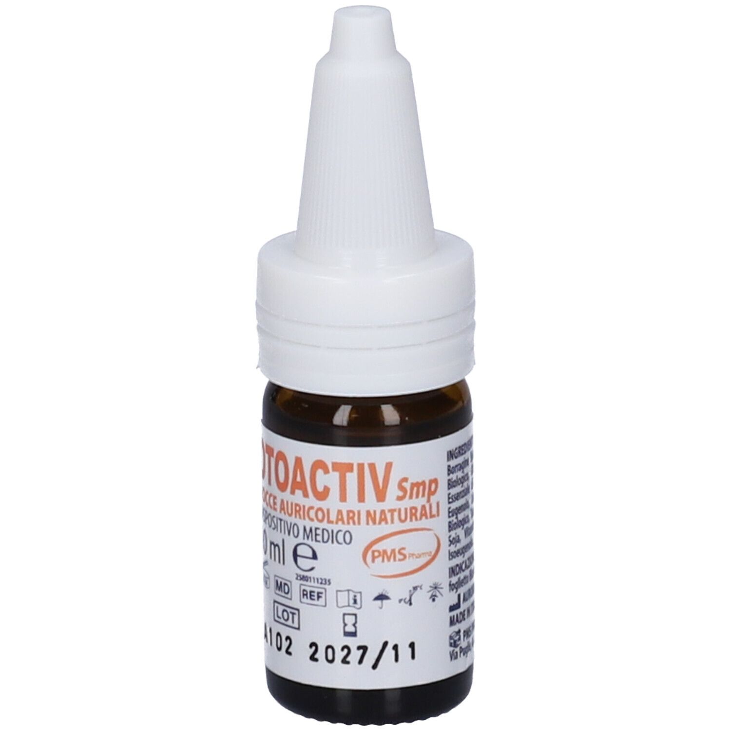 Flacone di vetro marrone con tappo bianco. Etichetta con nome e dettagli del prodotto. Dispositivo medico.