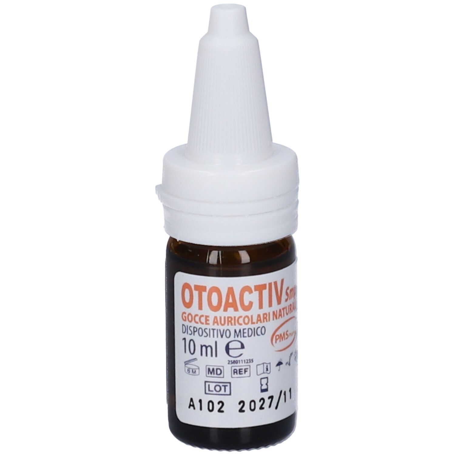Flacone di vetro marrone con tappo bianco. Etichetta con nome e dettagli del prodotto. Dispositivo medico.