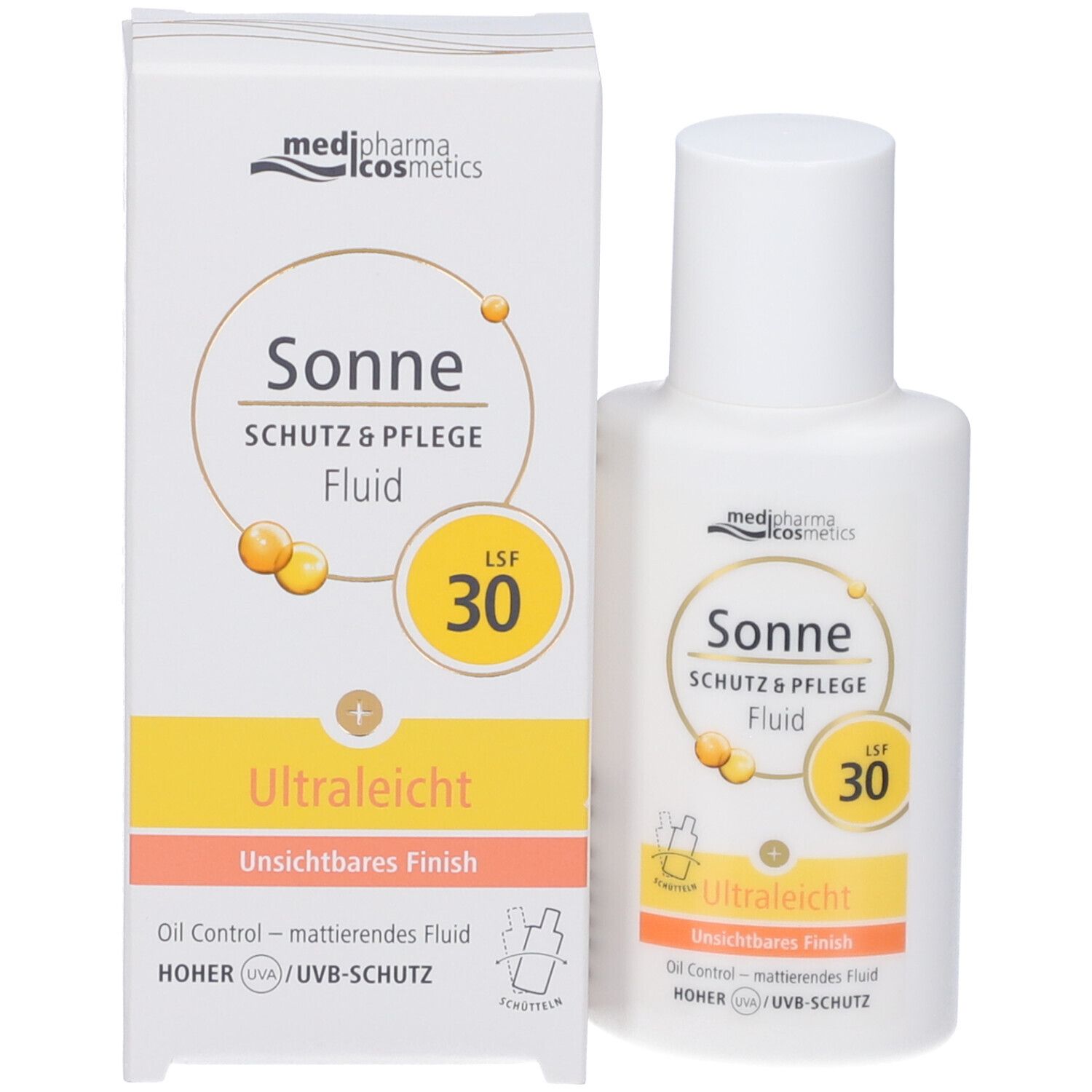 Crema solare e confezione. Scritta: Sonne, Schutz & Pflege Fluid, SPF 30, Ultralicht. Logo: medipharma cosmetics.