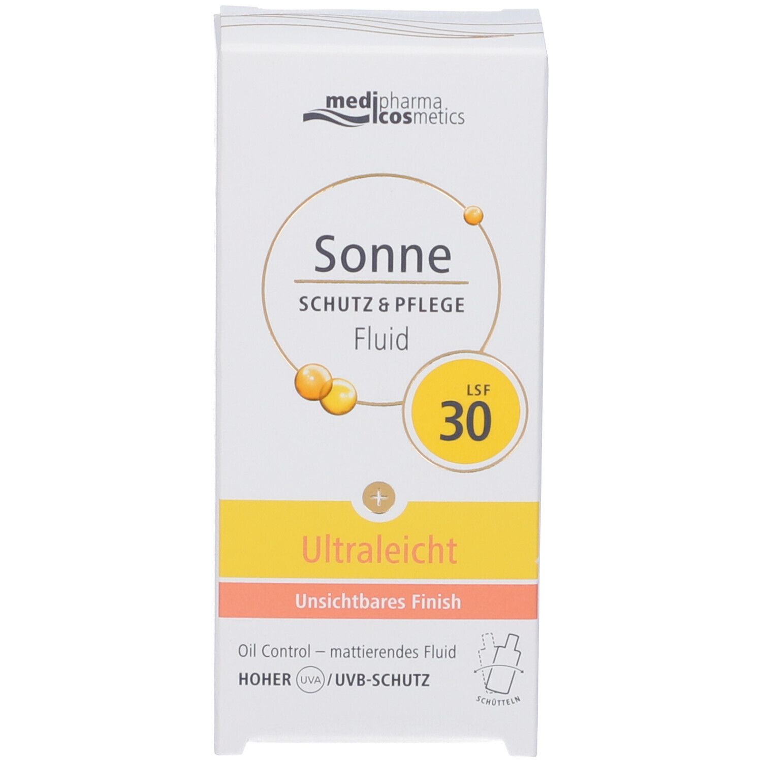 Confezione della crema solare. Scritta: Sonne, Schutz & Pflege Fluid, SPF 30, Ultralicht. Logo: medipharma cosmetics.