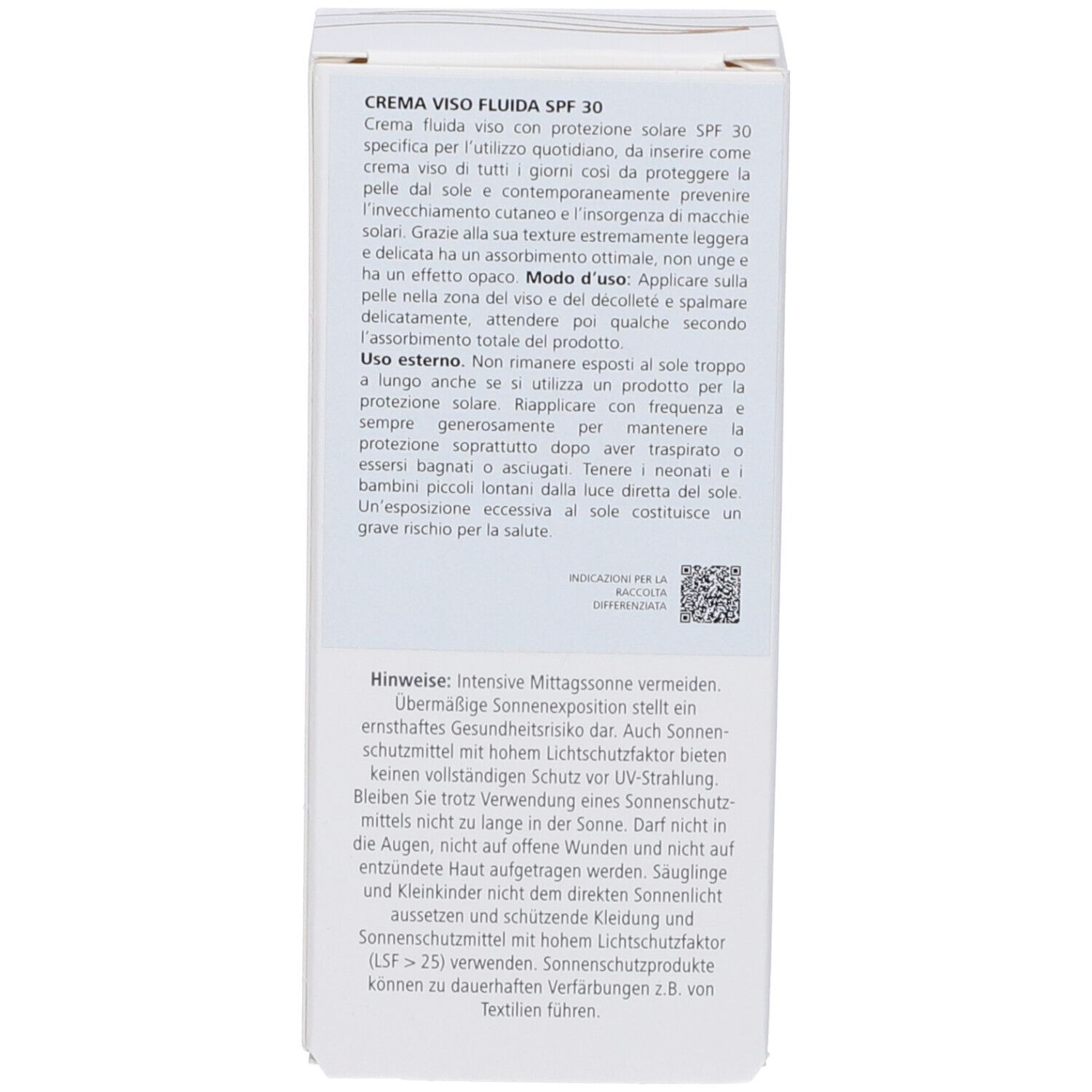 Confezione. Testo: Crema Viso Fluida SPF 30, modo d'uso, avvertenze. Logo: medipharma cosmetics.