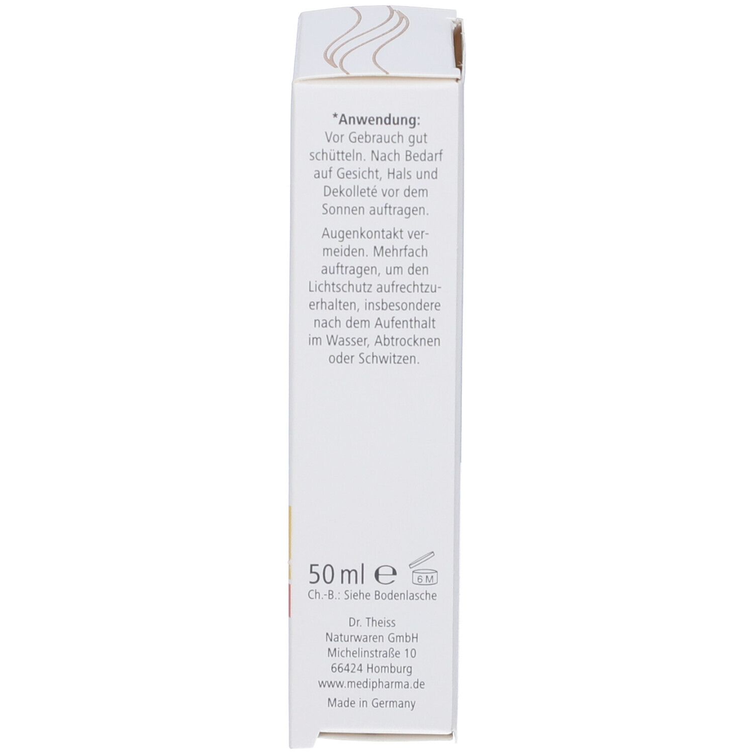 Confezione. Testo: Modo d'uso, 50 ml, logo: medipharma cosmetics. Made in Germany.