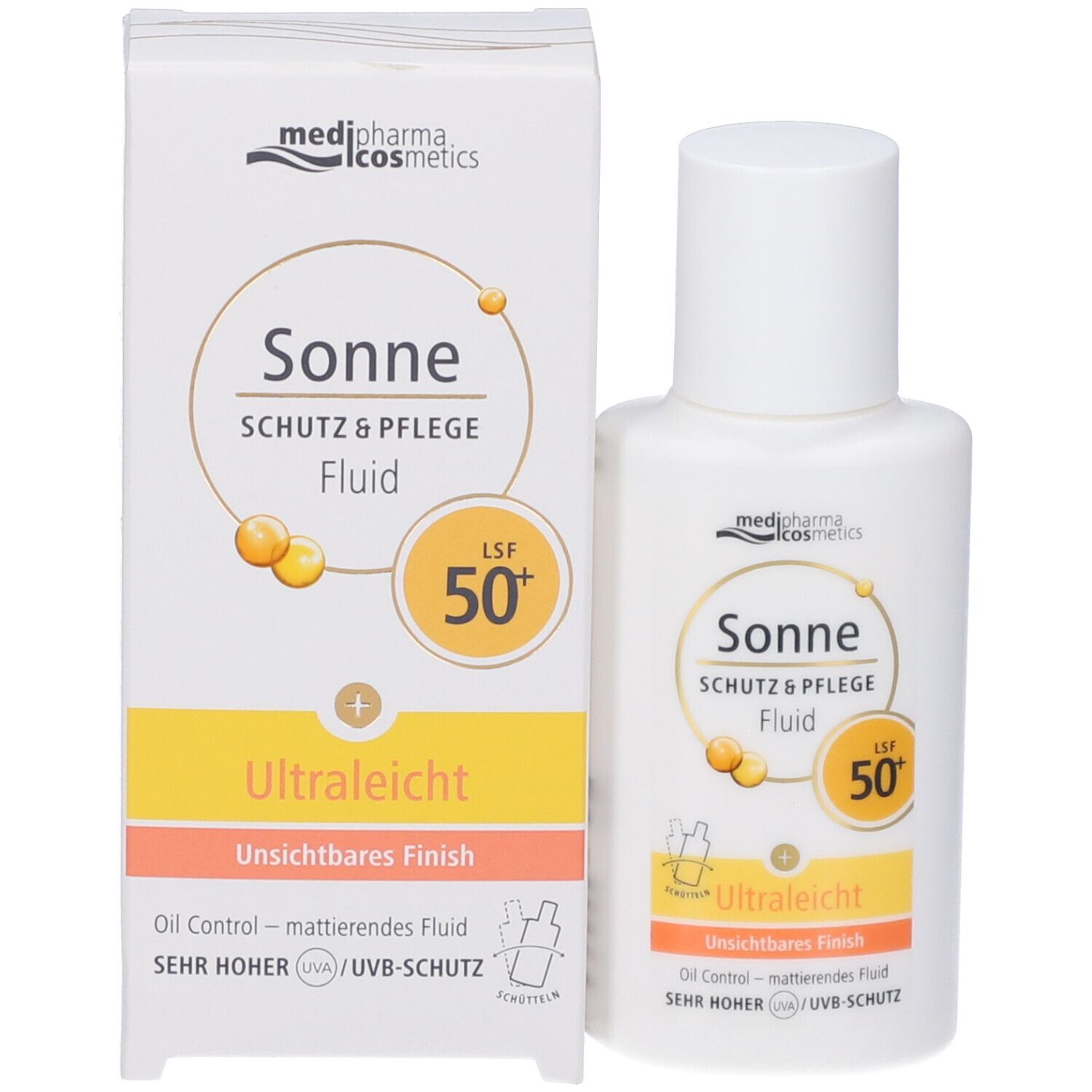 Flacone e confezione di crema solare. Scritta: Sonne, Schutz & Pflege Fluid, SPF 50+. Elementi gialli e arancioni.