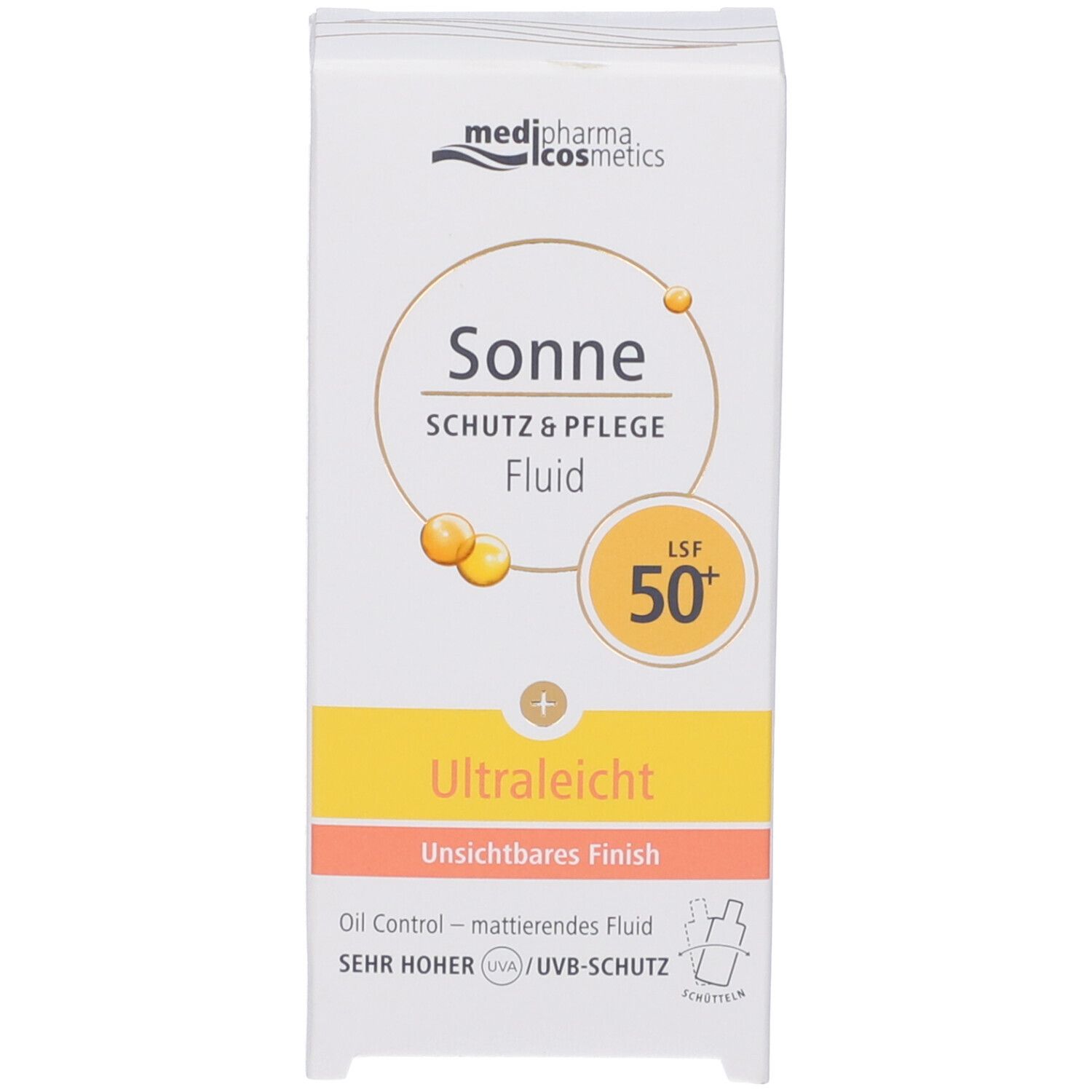 Confezione di crema solare. Scritta: Sonne, Schutz & Pflege Fluid, SPF 50+. Elementi gialli e arancioni.