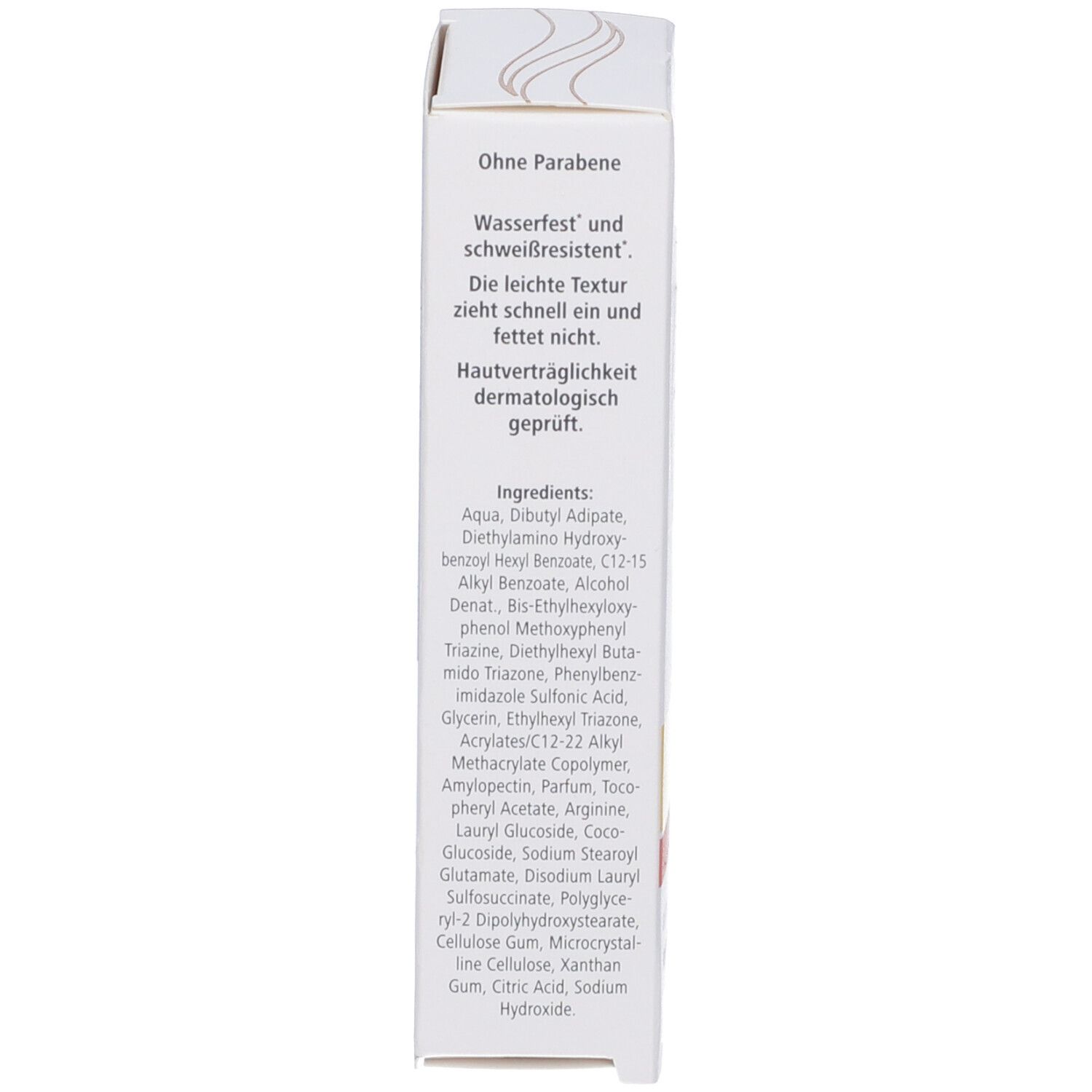 Lato della confezione della crema solare. Testo in tedesco. Contiene informazioni sugli ingredienti e le proprietà.