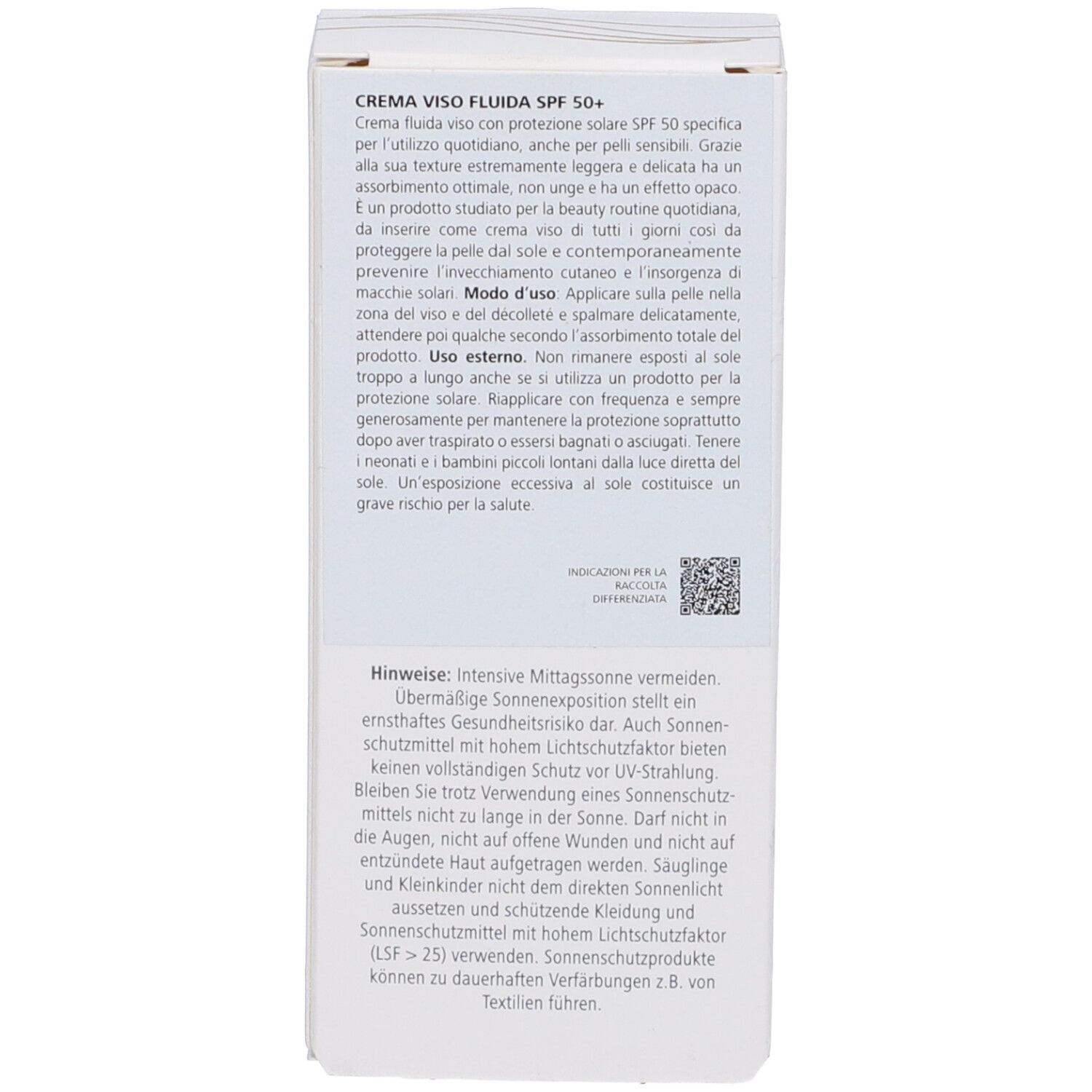Lato della confezione della crema solare. Testo in italiano. Contiene informazioni sull'uso e le avvertenze.