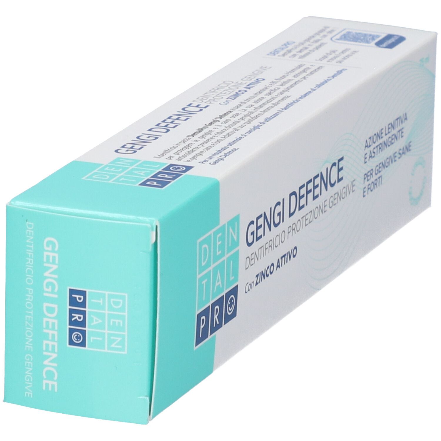 Confezione dentifricio "Gengi Defence" con scritta laterale e logo.