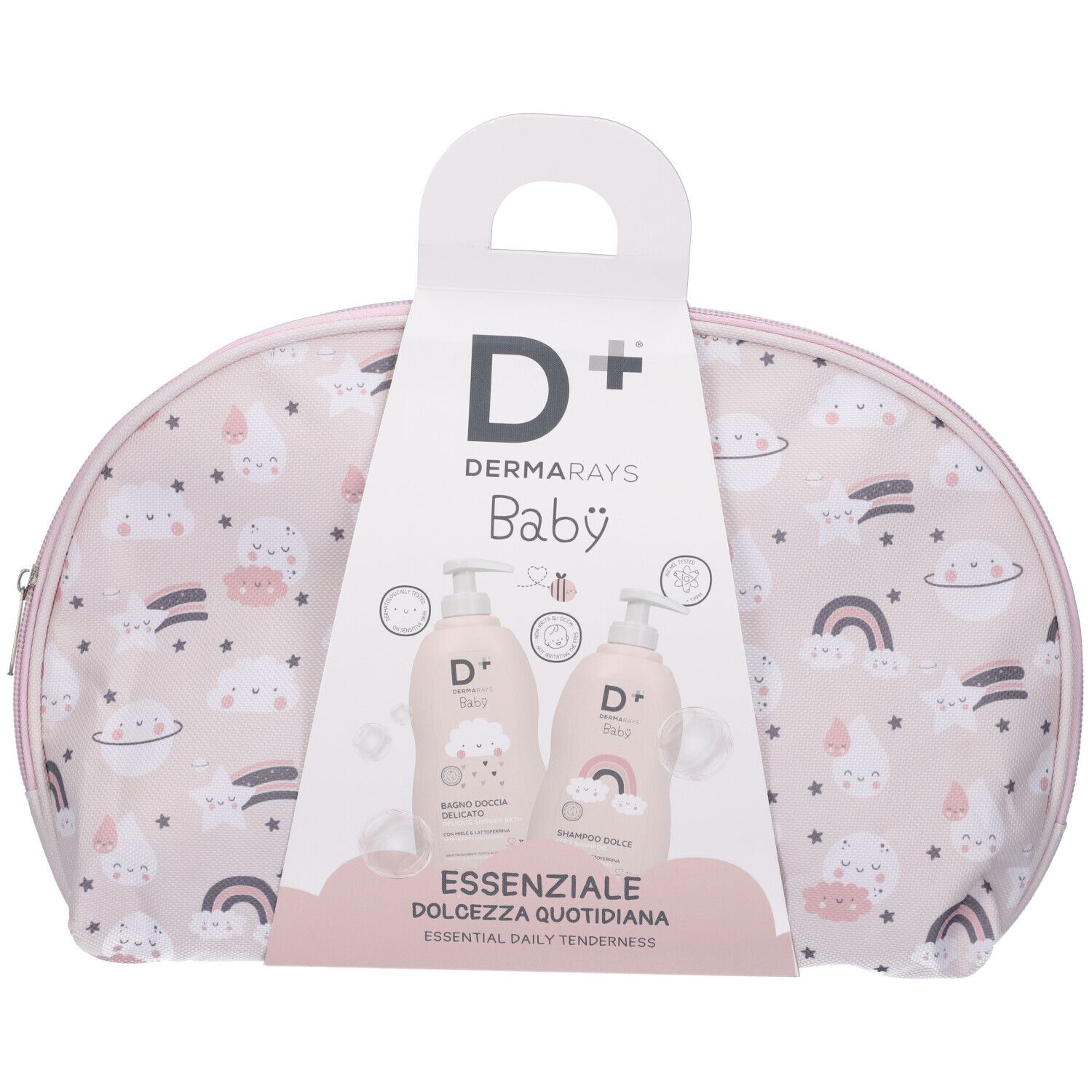 Pochette rosa con motivi baby, due flaconi. Sulla confezione "Dermarays Baby".